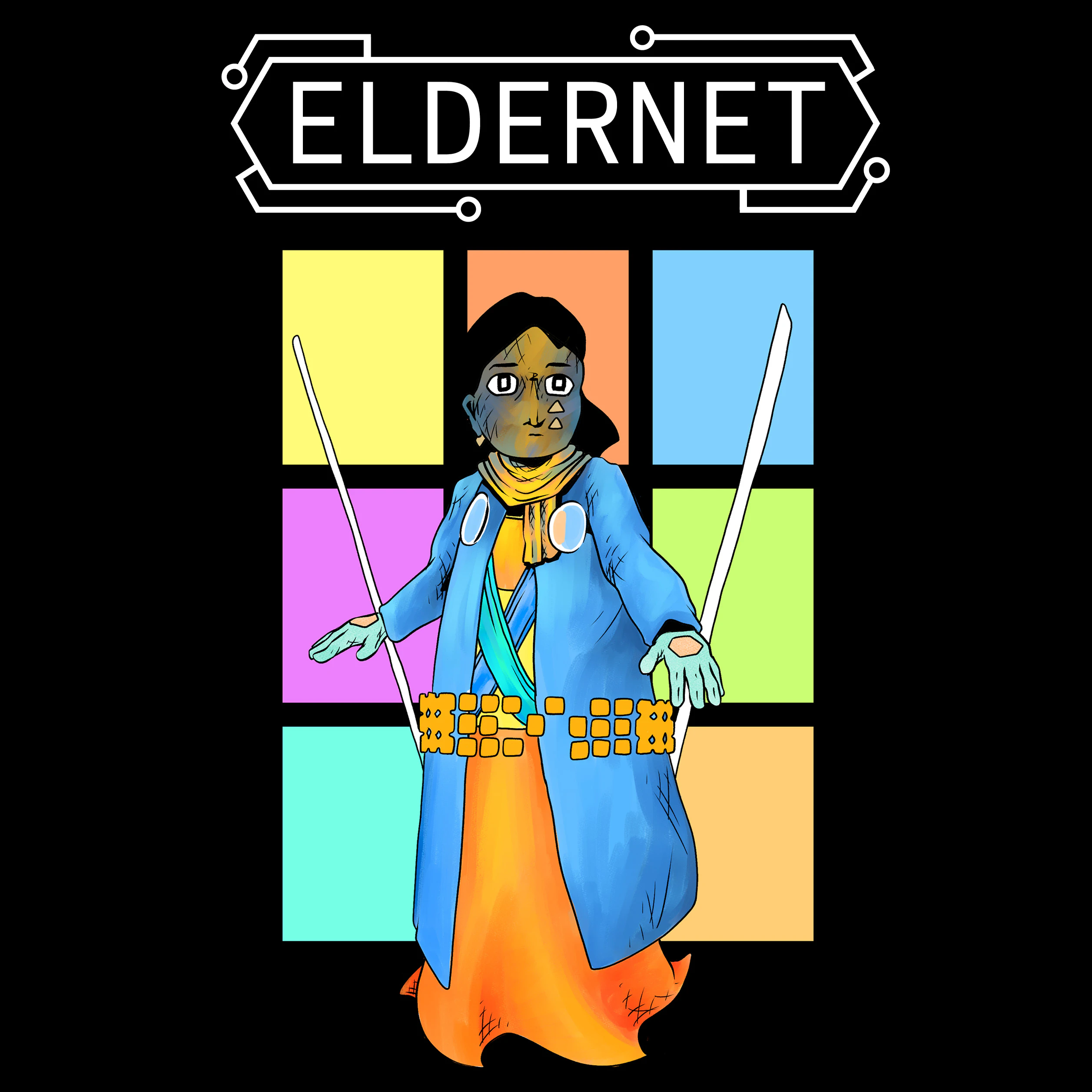 A woman in a blue jacket with an orange skirt and two staffs on her arms, under text reading "ELDERNET," in front of a grid of nine colored rectangles.