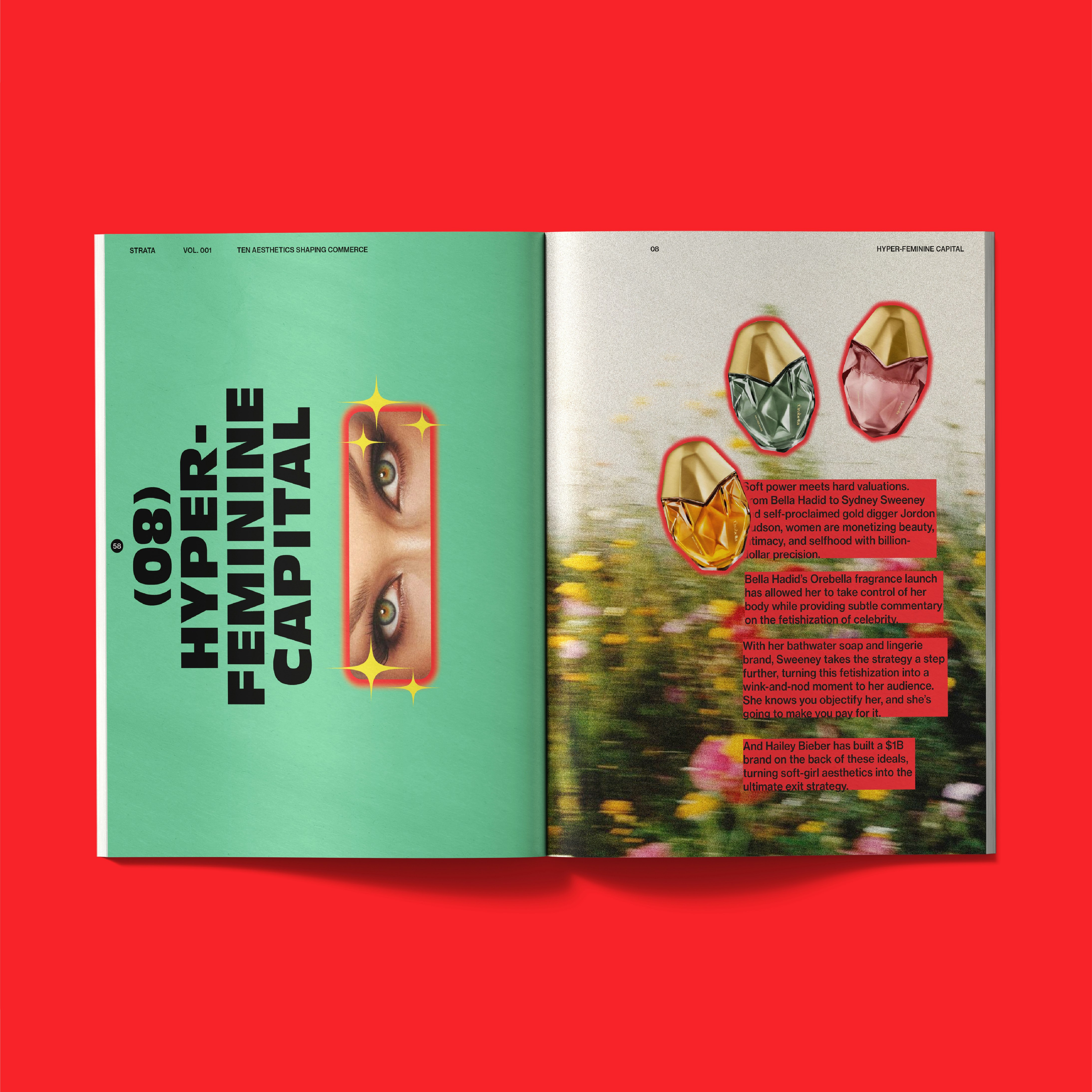 Interior spread: hyper-feminine capital: Bella Hadid, Taylor Swift