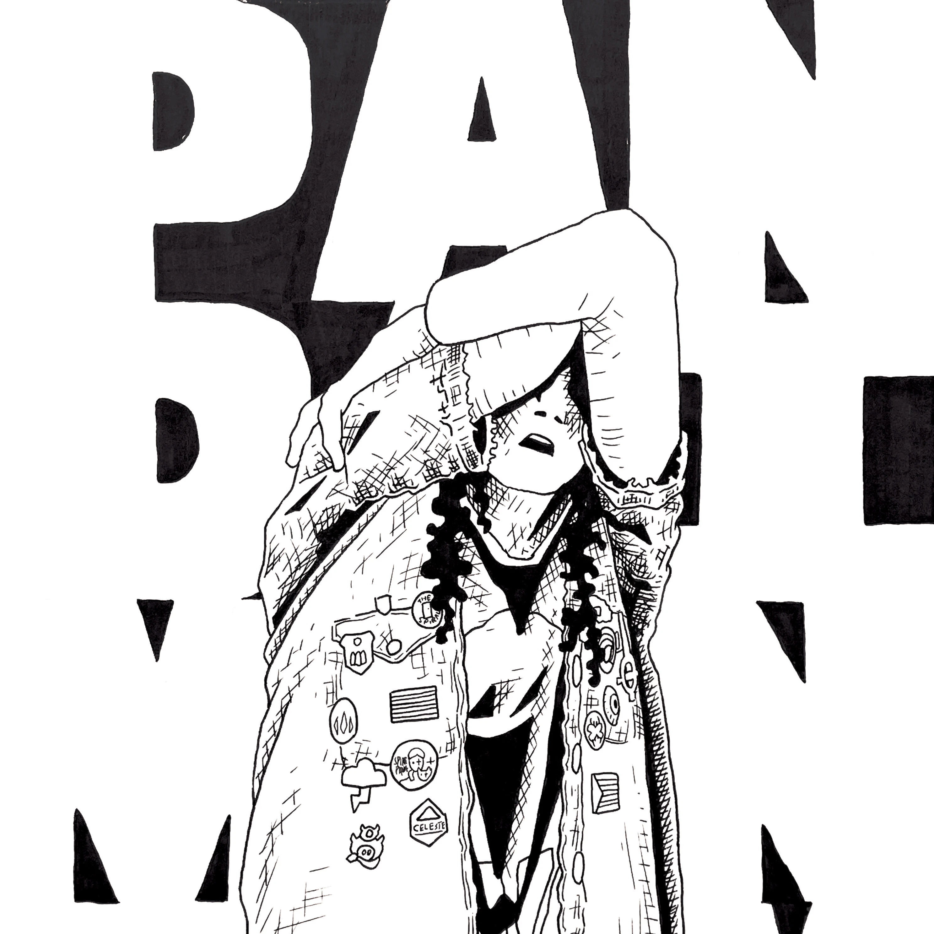 A woman in a jean jacket, covering her eyes and crying out, with massive letters behind her.