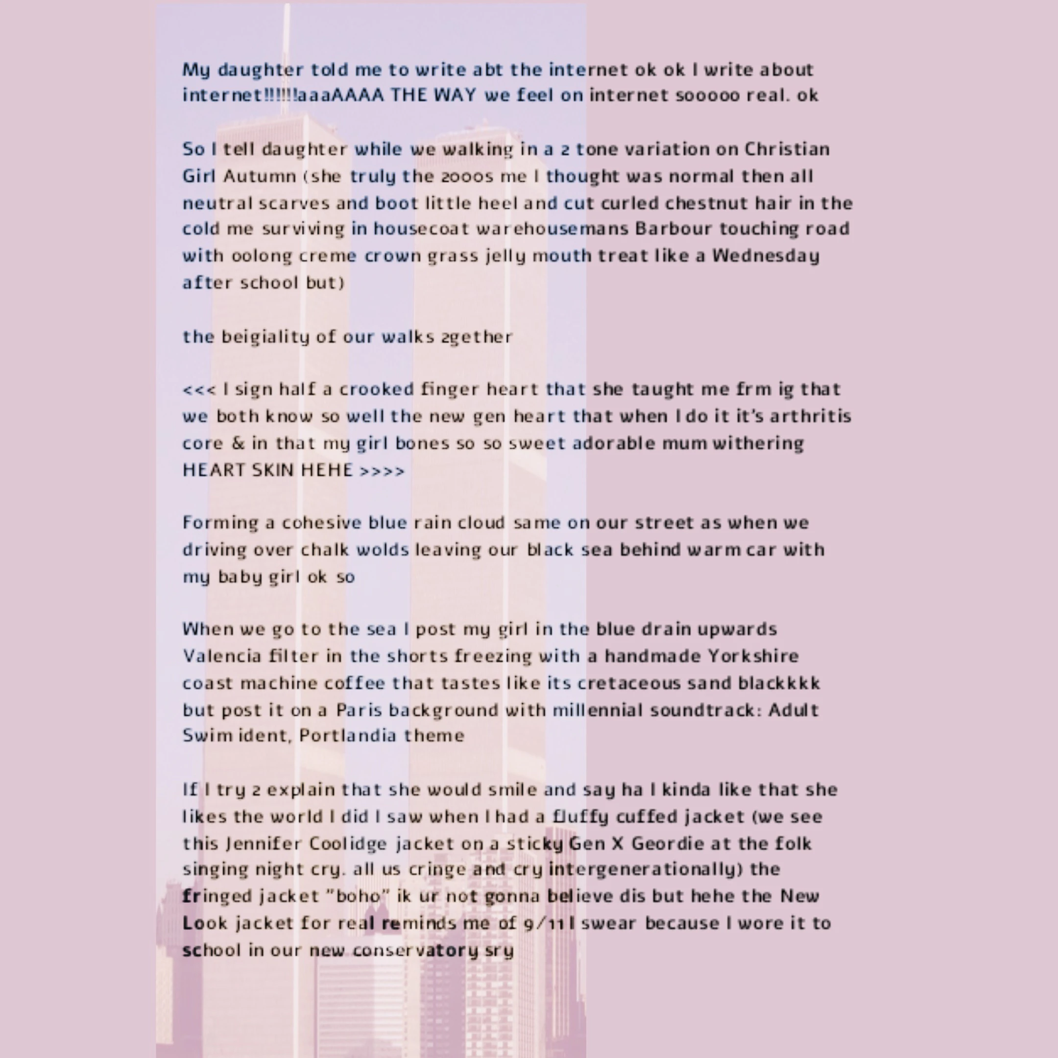 a wall of text on a pink background which overlays the new york city skyline at a point in time two decades ago