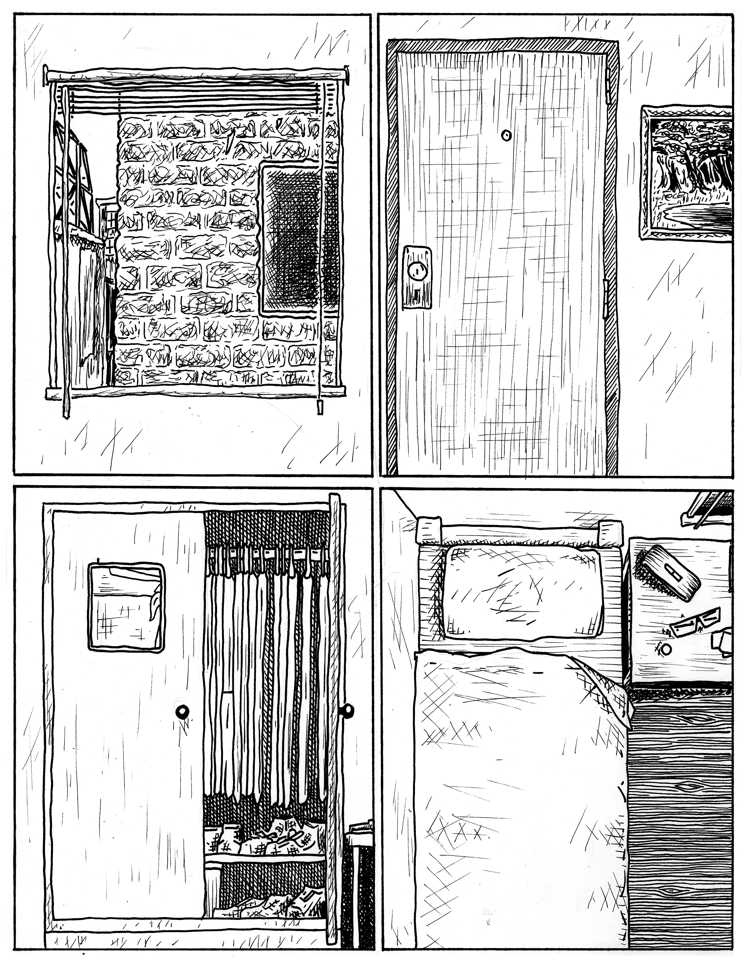 The first page, showing different views out of a room.
