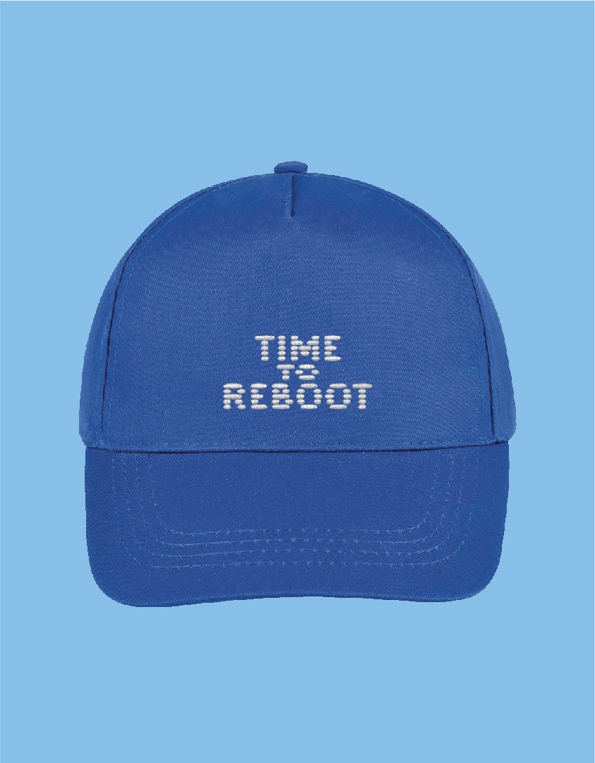 Blue screen blue classic ball cap with an adjustable velcro strap back embroidered with the white text TIME TO REBOOT in cathode ray font.