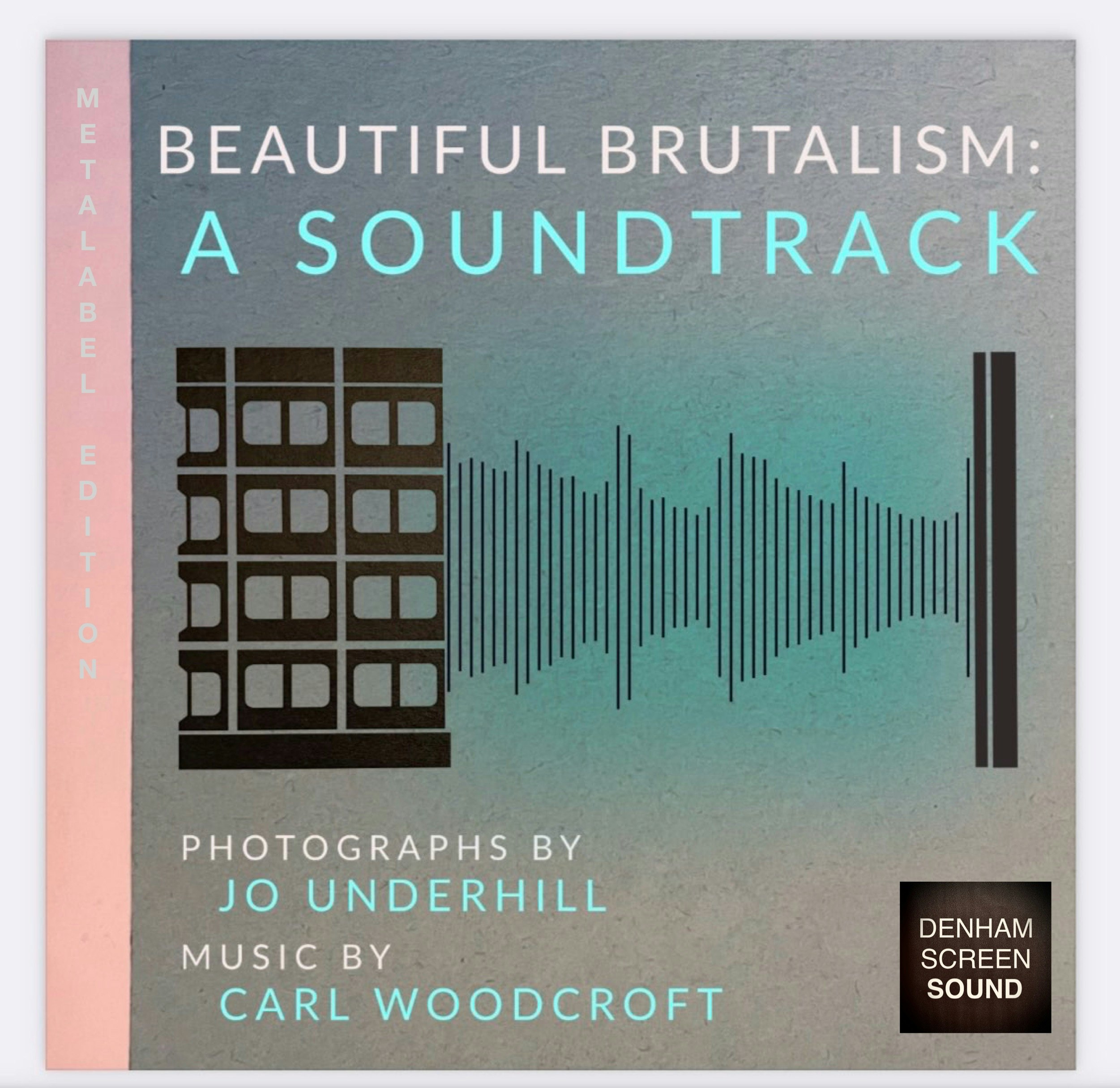 Album Cover Art for: Beautiful Brutalism: A Soundtrack. black print of Colechurch House, London on concrete grey background. Neon blue and sound waves emit from the building across the image. Colechurch House image by Emily of Stanley James Press