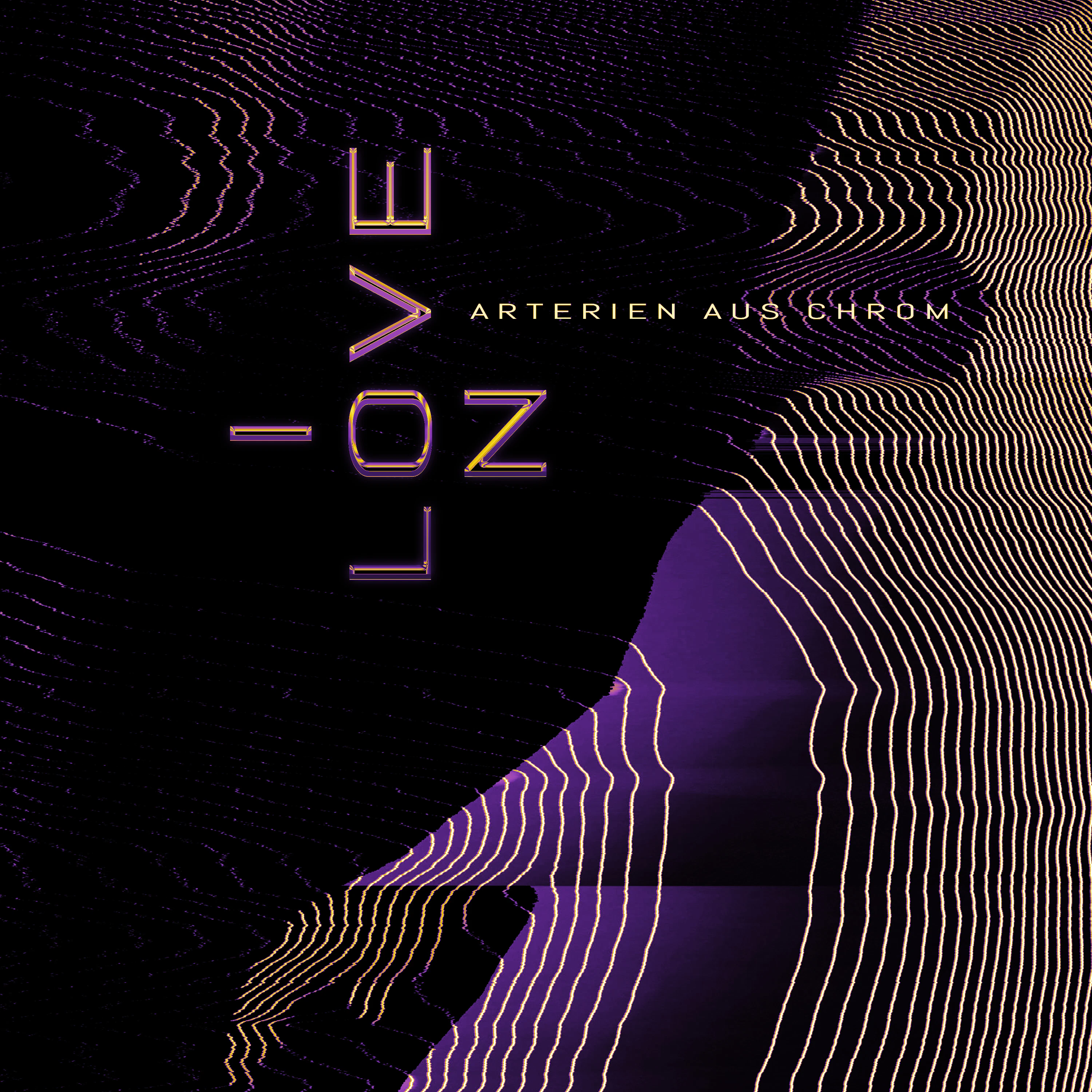 A graphical llustration with lines in purple and yellow tones and the words "Ion Love" and "Arterien aus Chrom"