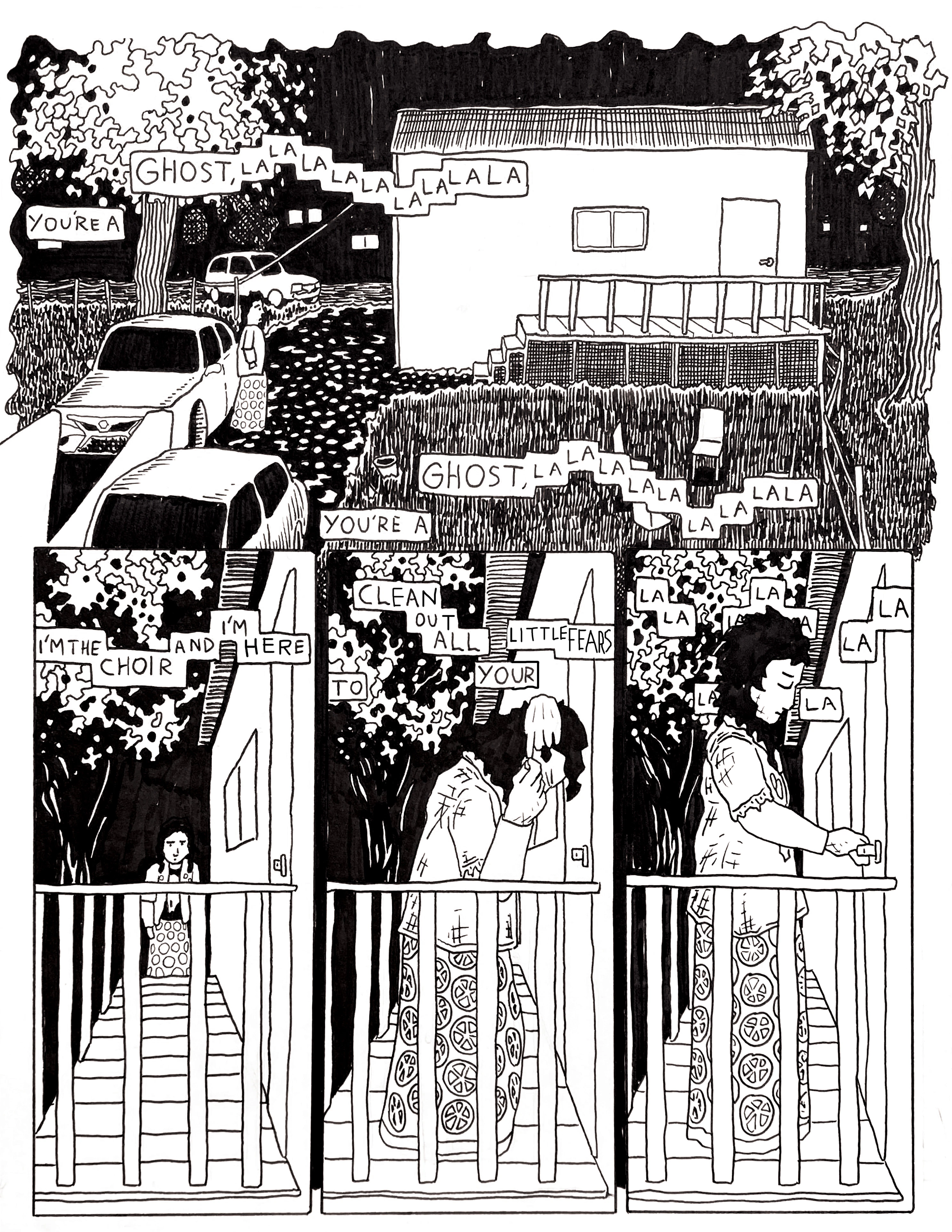 The second page, showing the protagonist leaving the car and walking up to a house.