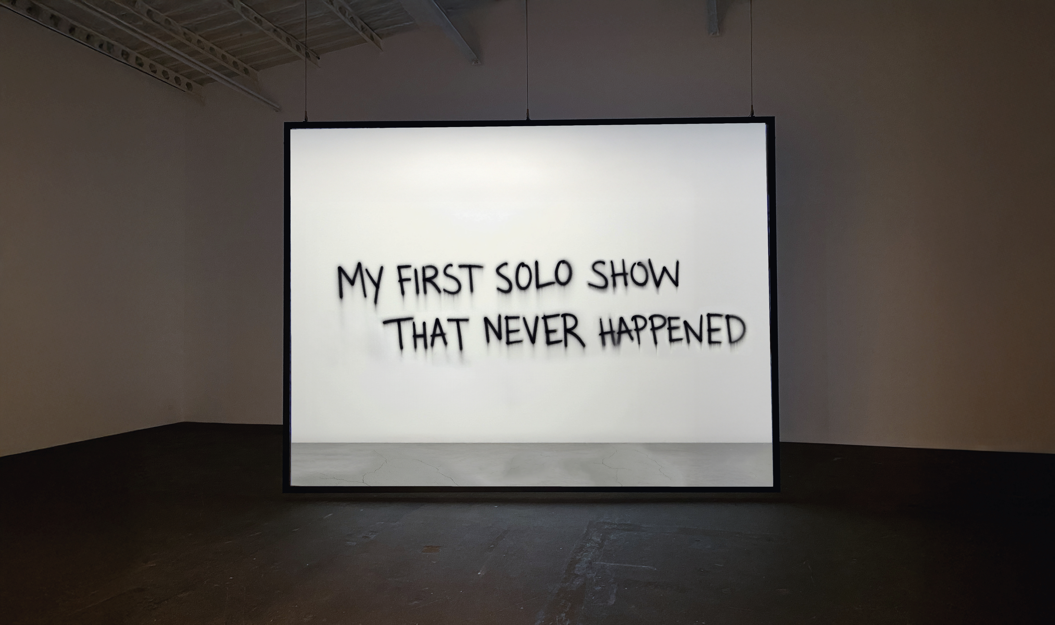 Installation view, My first solo show that never happened, PNG projection on surface. Oracma Studio, Solofra, Italy, 2025