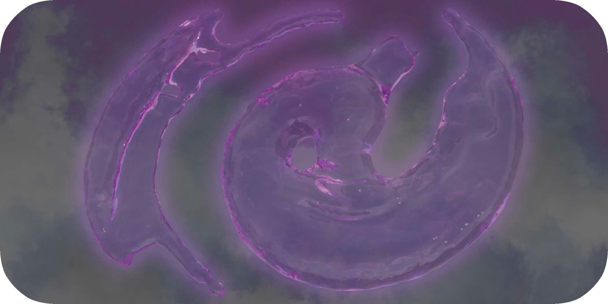 The image shows three glowing, translucent purple shapes floating against a soft, cloudy background. The forms look fluid and organic—one circular with a small hole, the others curved like drifting arcs. A faint pink-violet halo surrounds them, giving the scene an ethereal, dreamlike quality.