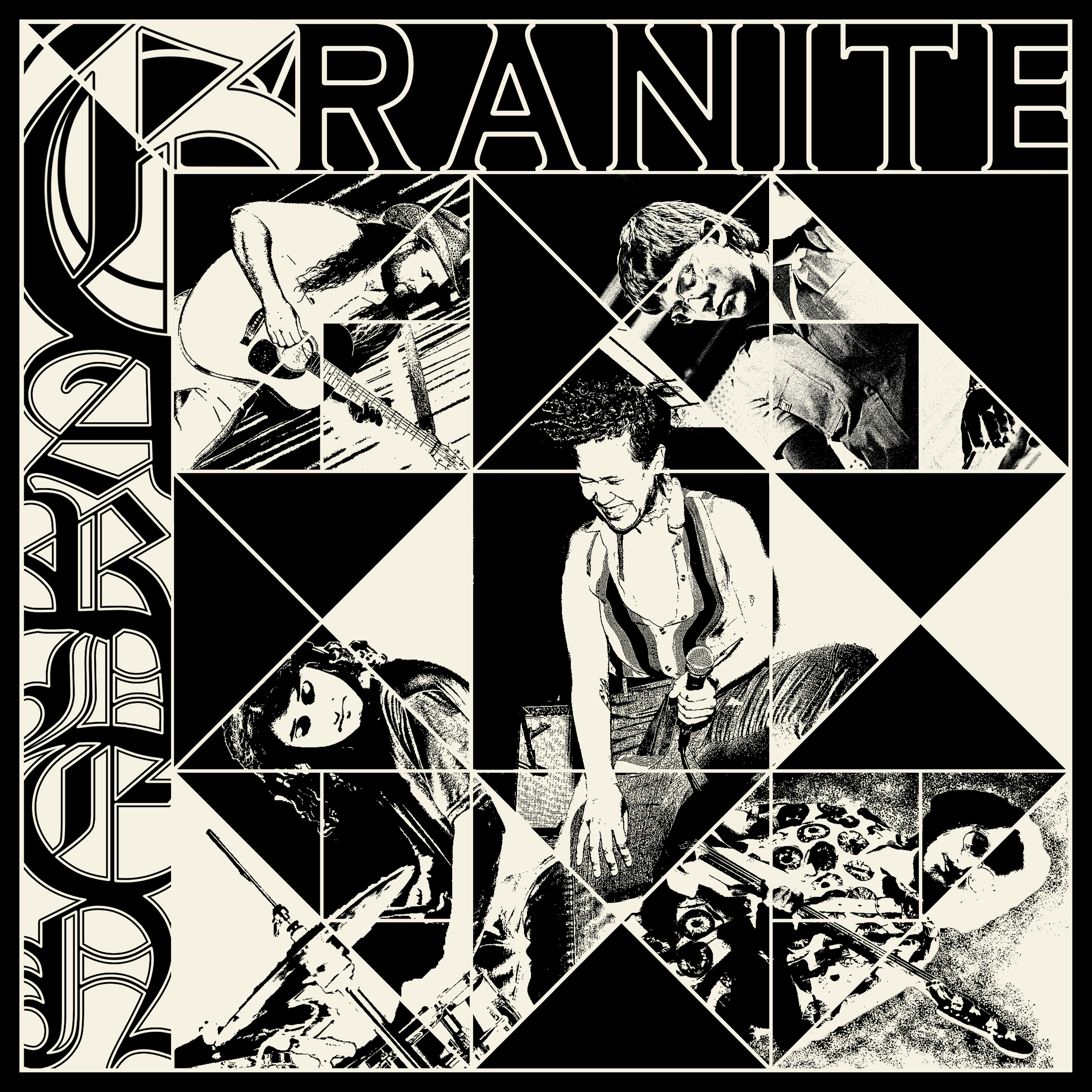 Black and white images of the five band members broken up into geometric patterns.