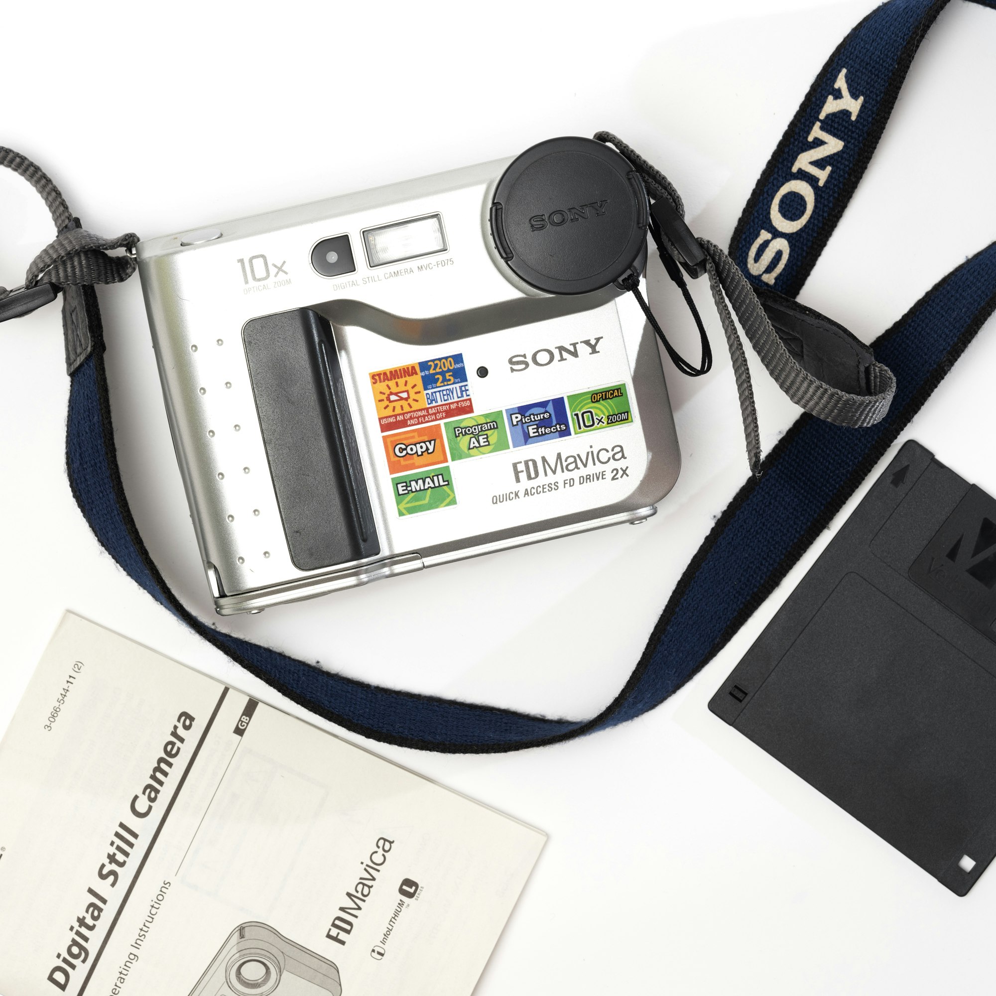 A Sony FD Mavica MVC-FD75, manual, and 3.5" floppy disk.