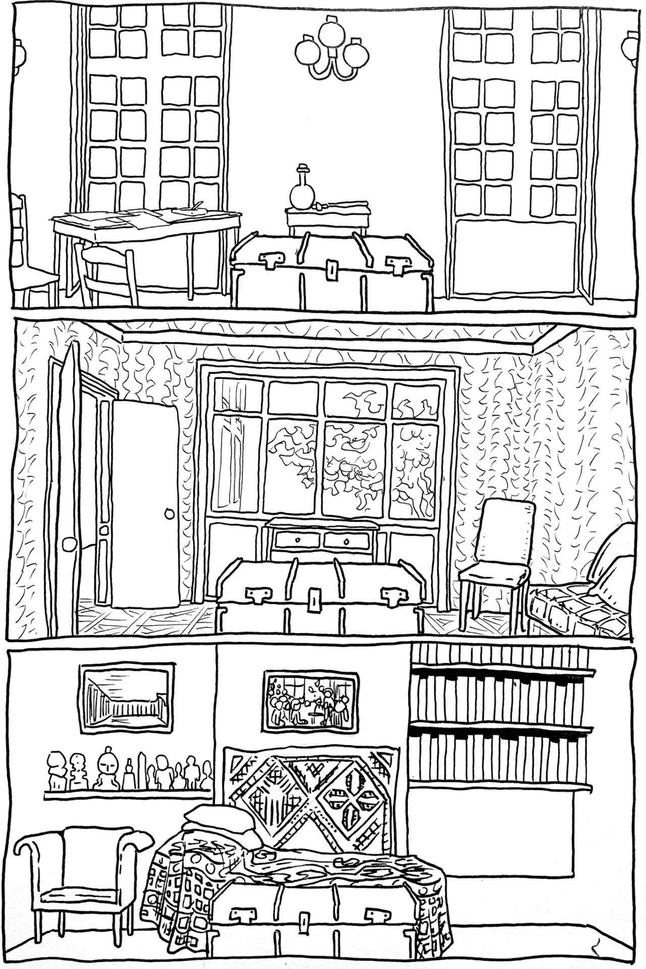 Another included comic, depicting the scope of Freud's travels through a trunk in three rooms.