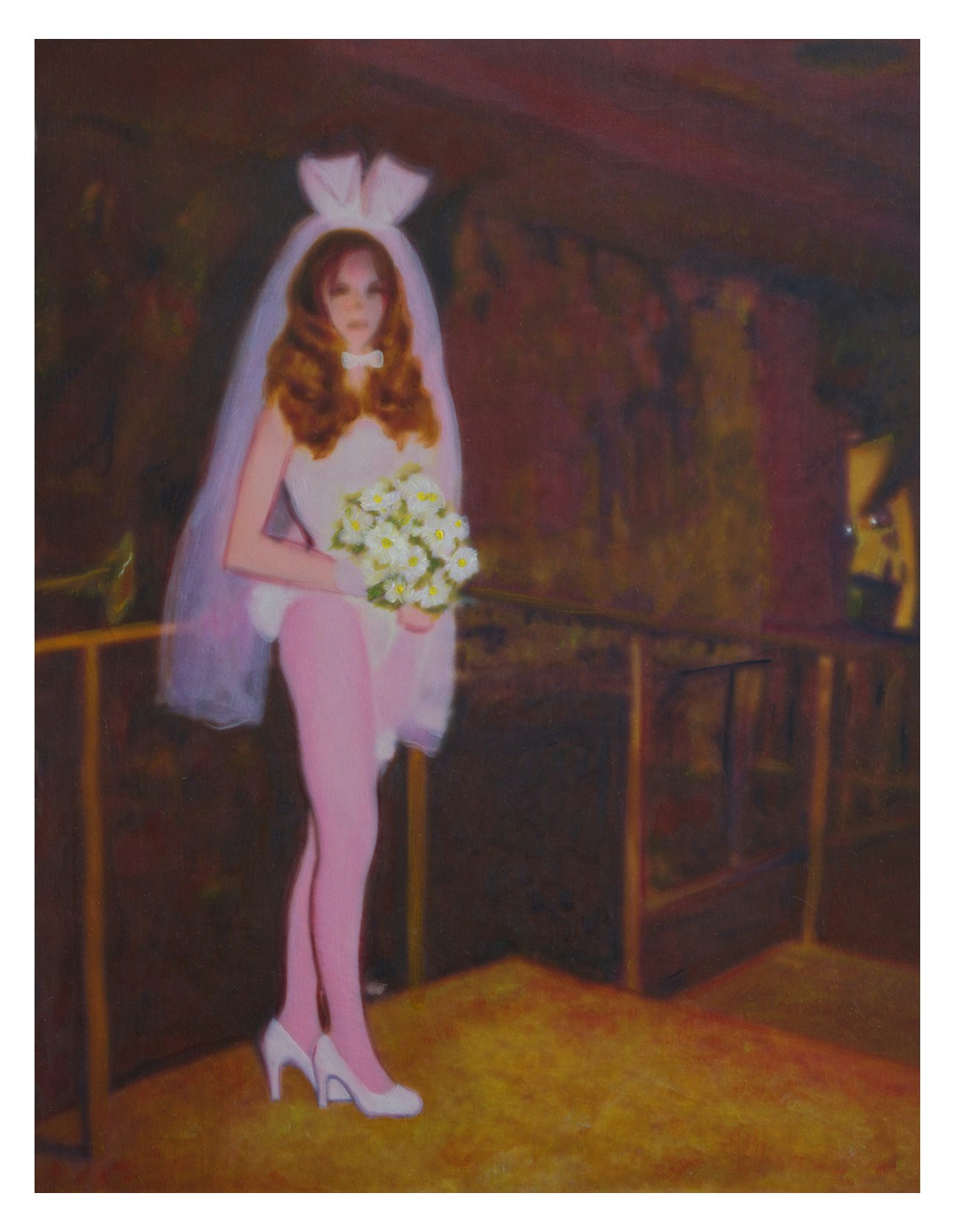 Bunny Bride (2024), oil, ink, and encaustic on silk and wood, 20 x 24" 