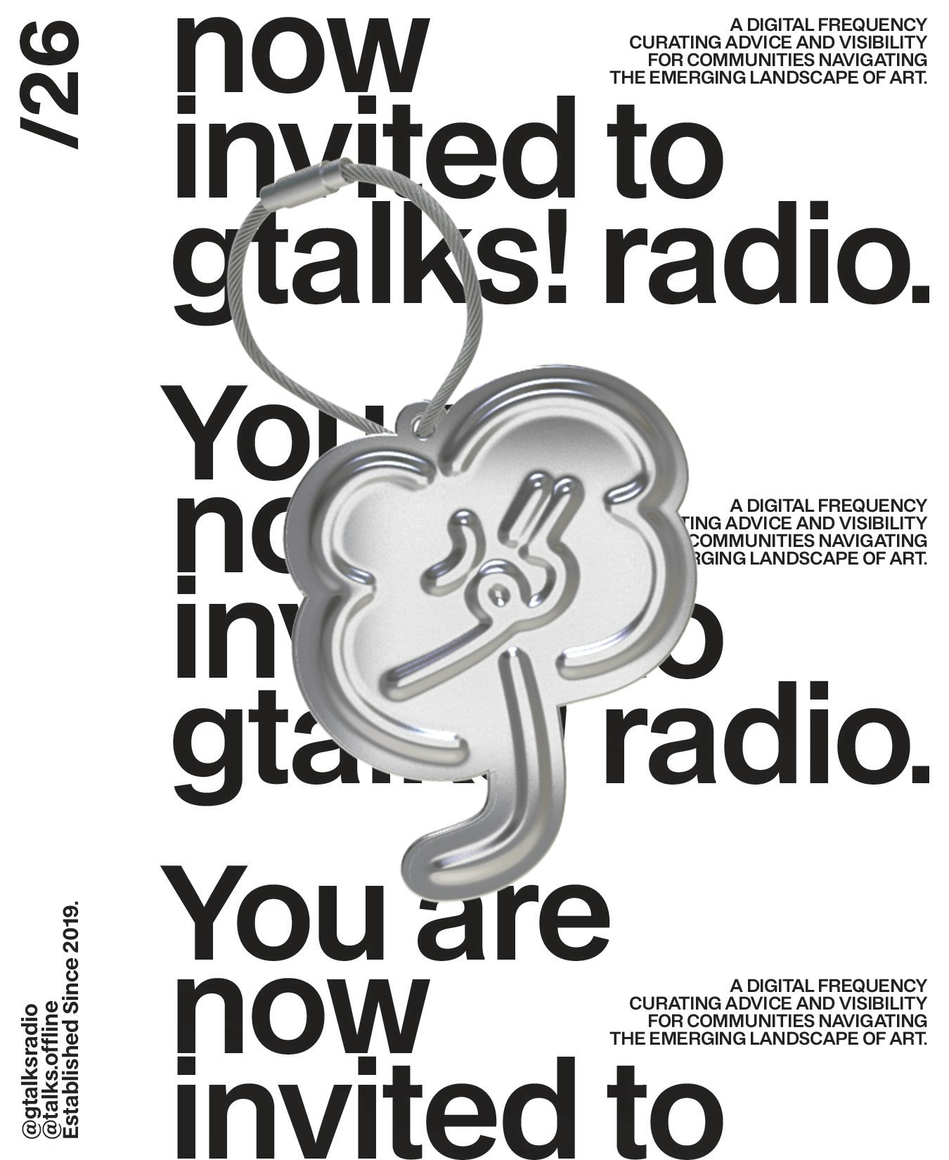 Limited edition gtalks! radio steel wire metal keychain. A four-leaf clover logo with ear-shaped petals, tuning into گۇل (flower). You are now invited to gtalks! radio