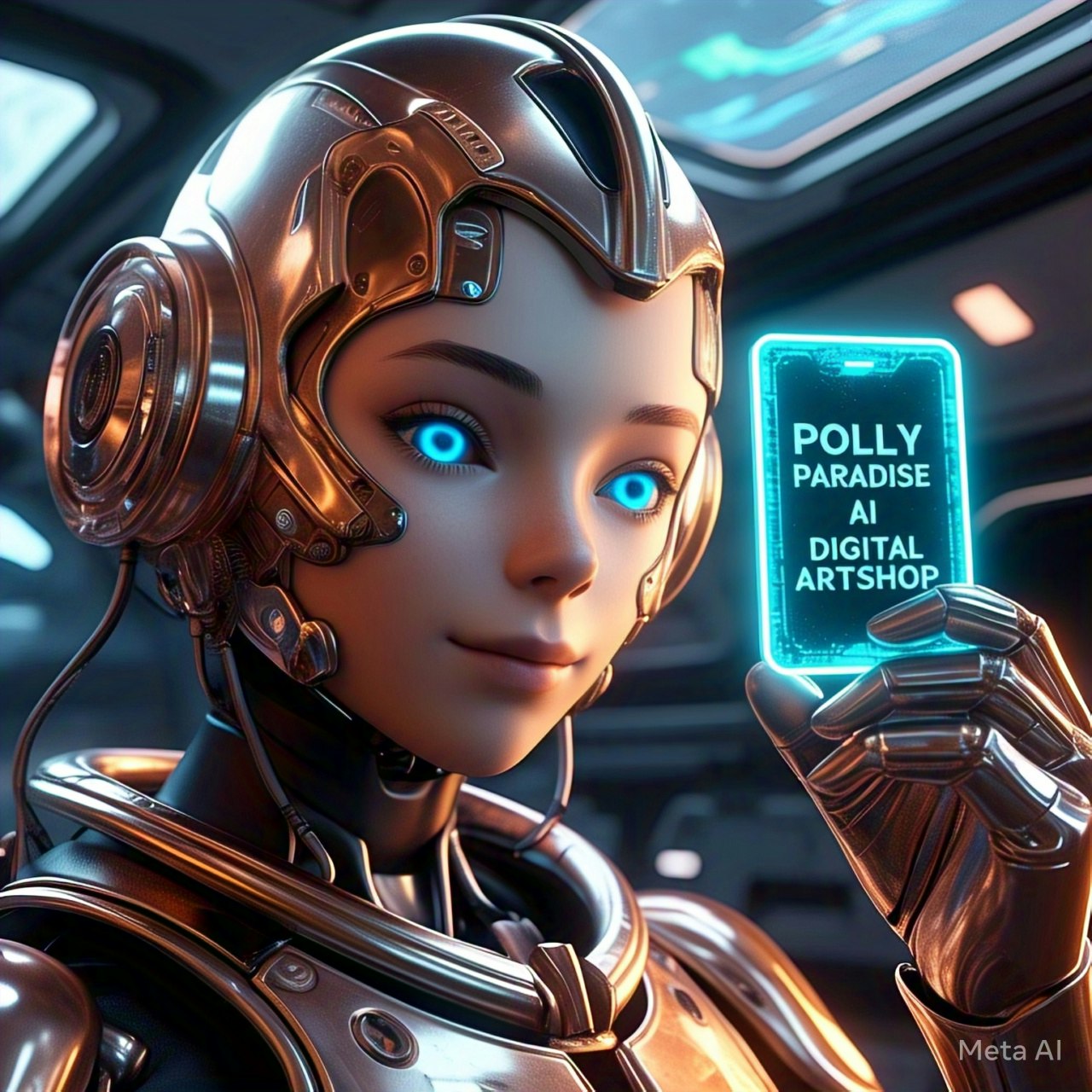 Android in rose-gold holding a neon Teal POLLY PARADISE AI DIGITAL ARTSHOP ID CARD