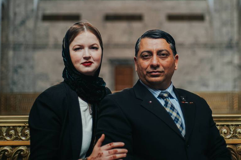Melissa and Zahid Chaudhry at the Washington State Capitol on their wedding day, 2022