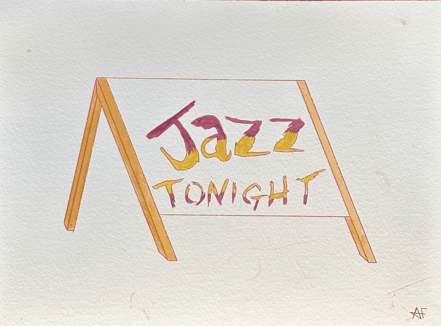 A hand-painted illustration of a sandwich board street sign with wooden legs. The sign reads “Jazz Tonight” in large, playful letters blending purple and yellow.