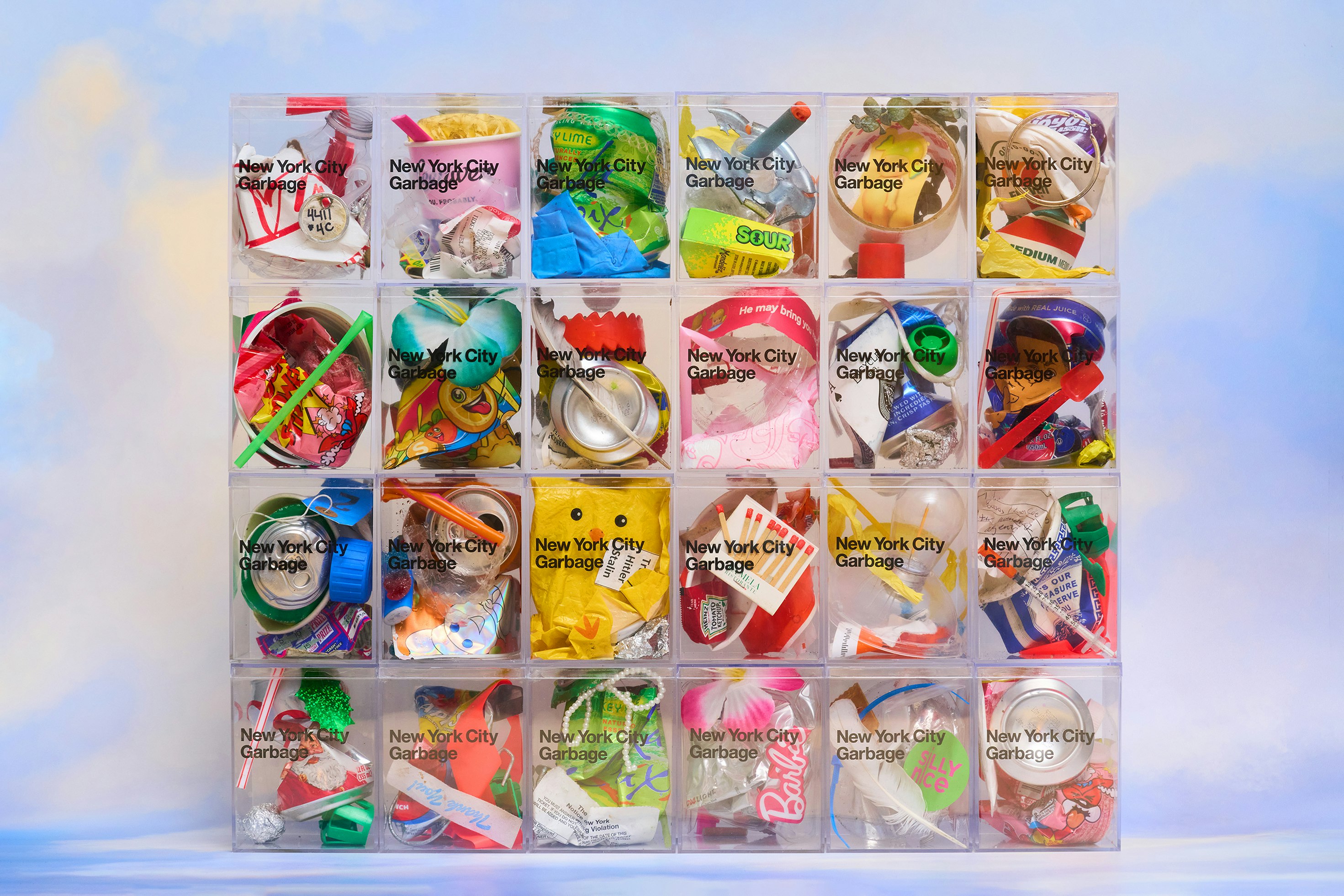 Some of the cubes in the edition with a peaceful background of clouds.