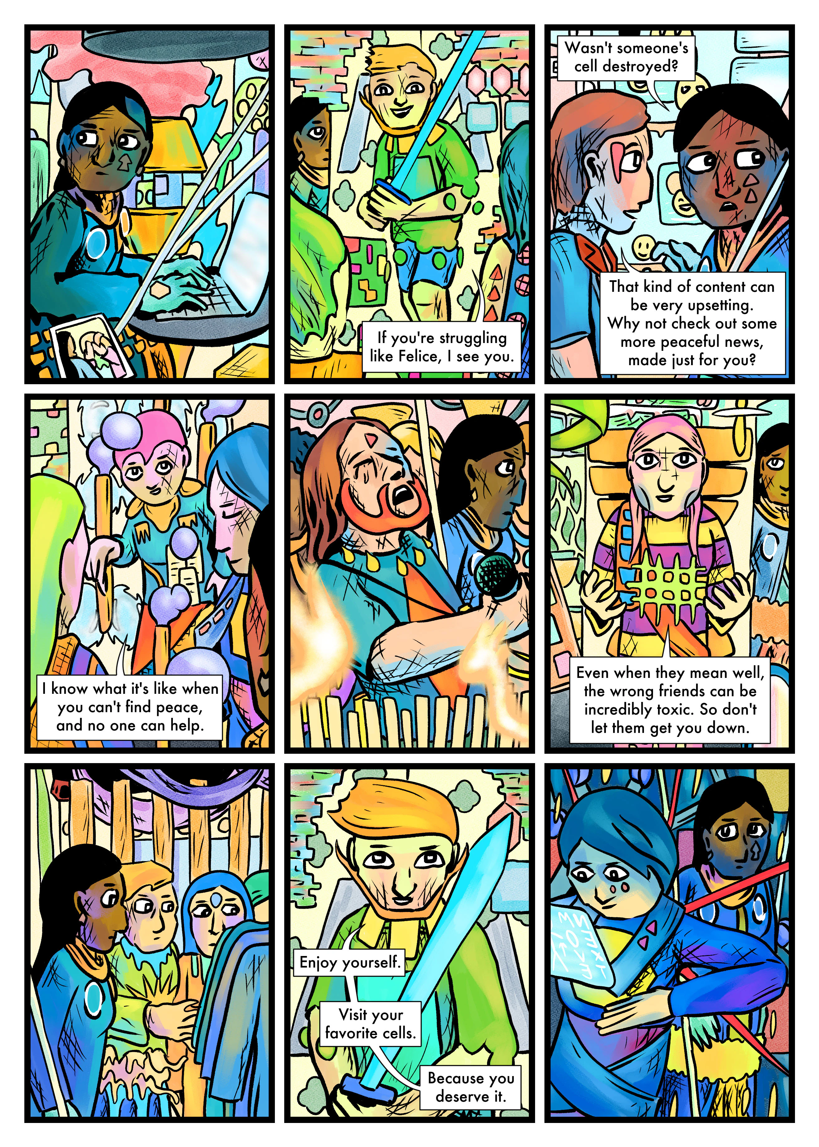 A scene from chapter three. Nikola moves between cells, looking for something.