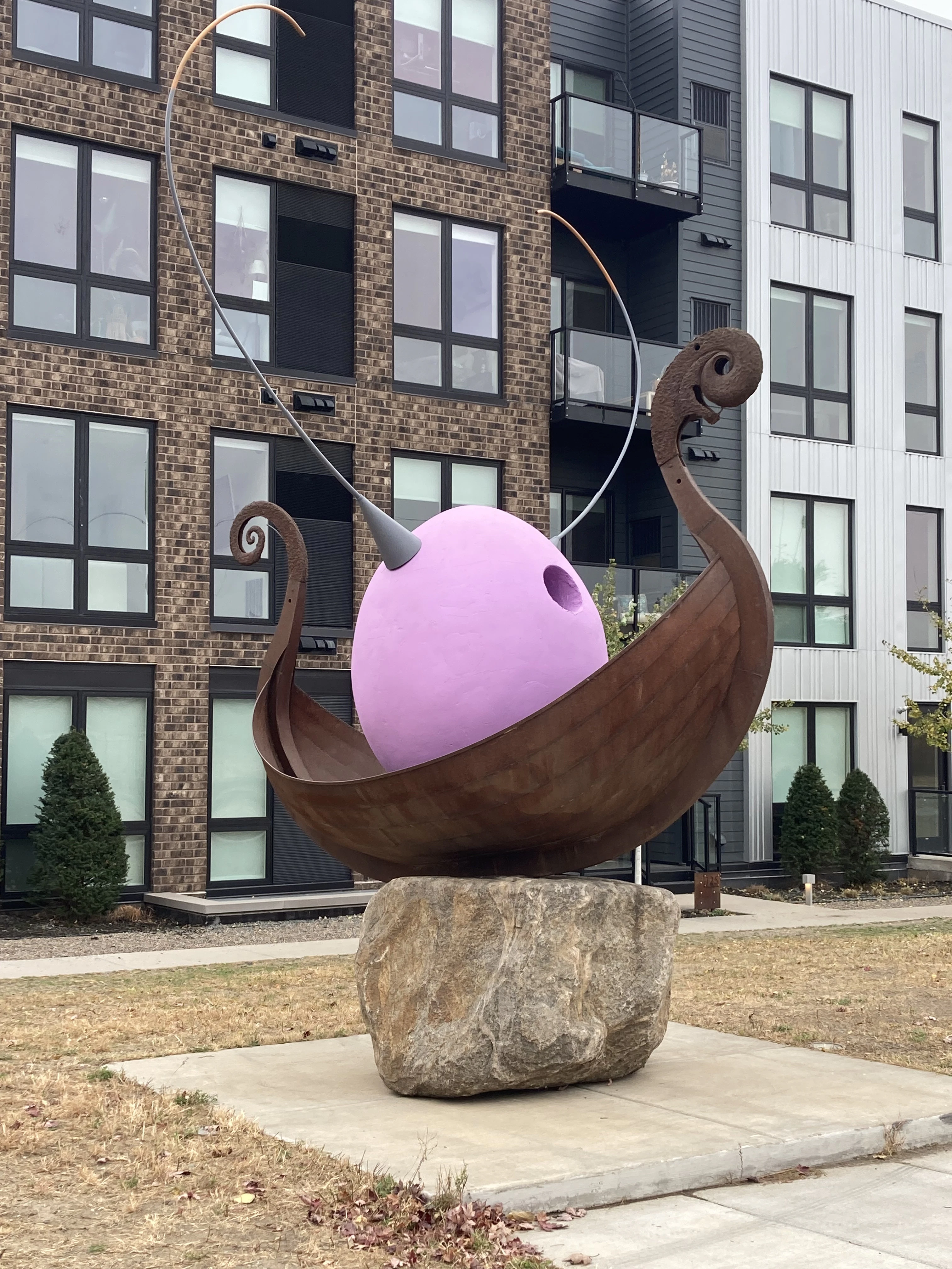 2013/25 EggSail Saga. Stone, cast iron, steel, stucco. (206” x 144” x 72”) Boat for an adventurous, antennae'd egg. Franconia Sculpture Park. Franconia, Minnesota