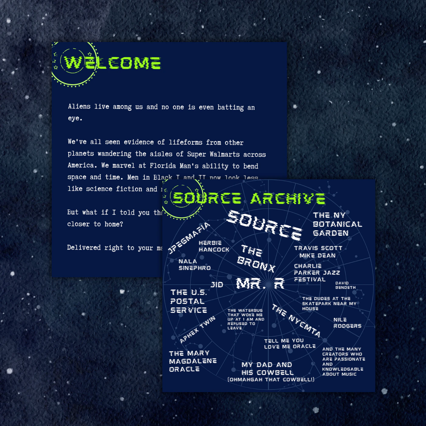 Preview of the DISCLOSURES 'R US Case File booklet showing a welcome page and a source archive page against a starry night background.