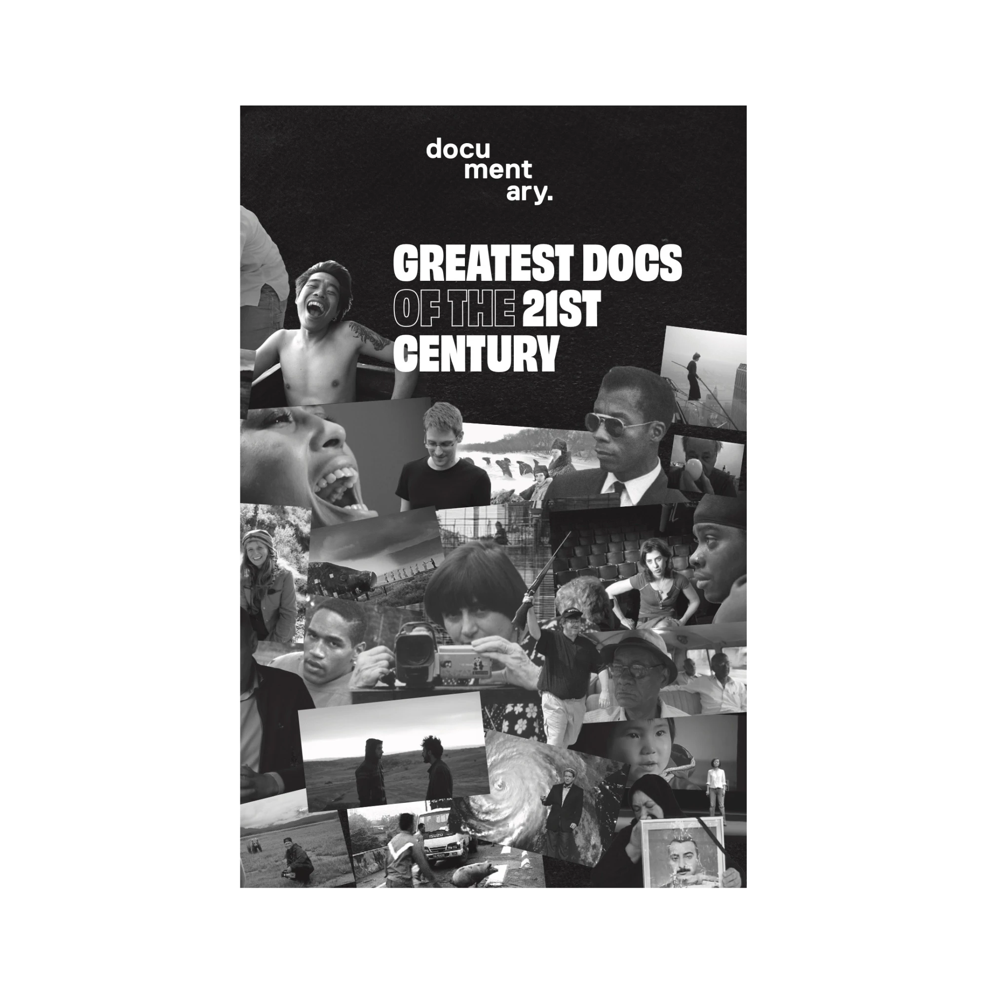 Cover of Documentary magazine's Greatest Docs of the 21st Century zine, which features a black and white collage of stills and cutout images from various documentaries