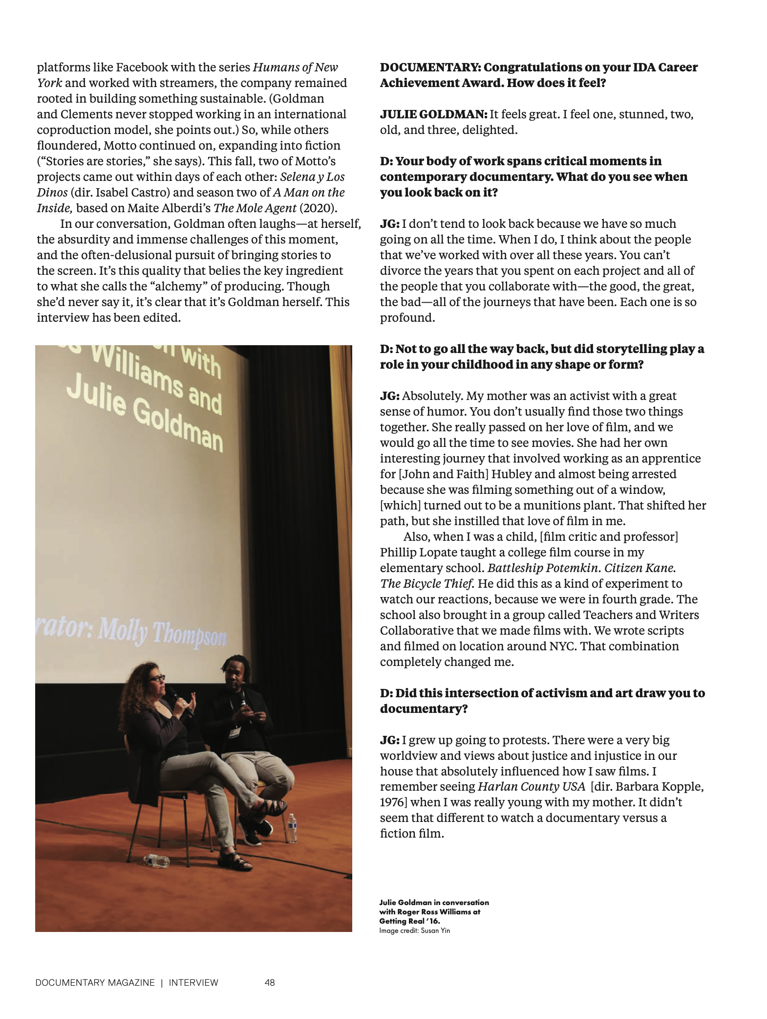 Excerpt from Kiva Reardon's interview with Julie Goldman, IDA Awards 2025 Career Achievement Award honoree.