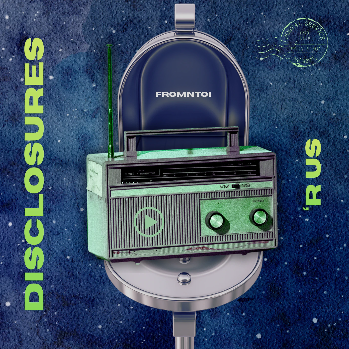 Decorative album cover of a tinted green vintage radio placed on top of a metallic mailbox lid 
