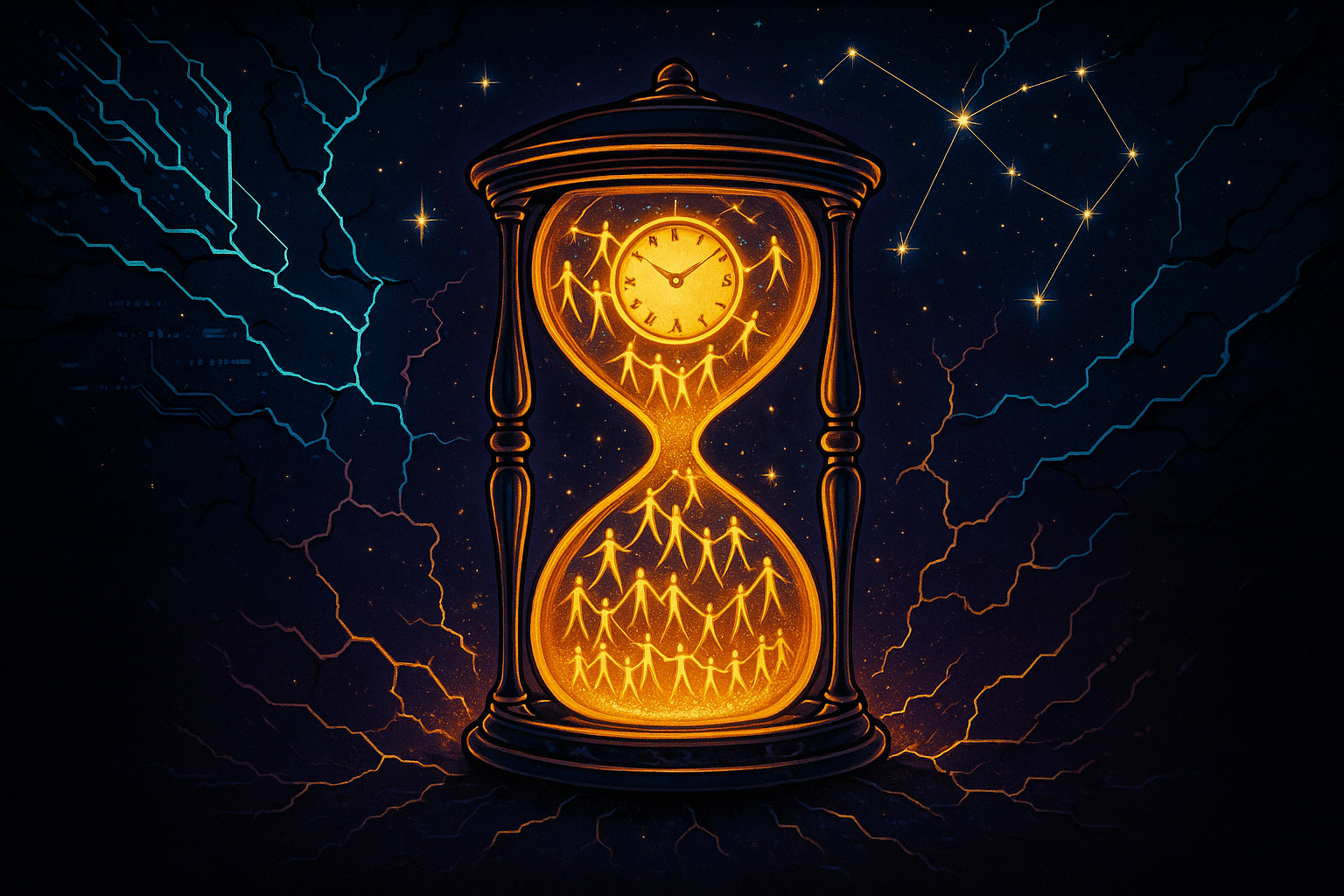 an hourglass glowing with constellations of linked human figures, its warm, amber light splitting a dark, shattered circuitry sky. It’s meant to feel like a rallying sigil—human time and connection blazing through the cracked shell of algorithmic control.