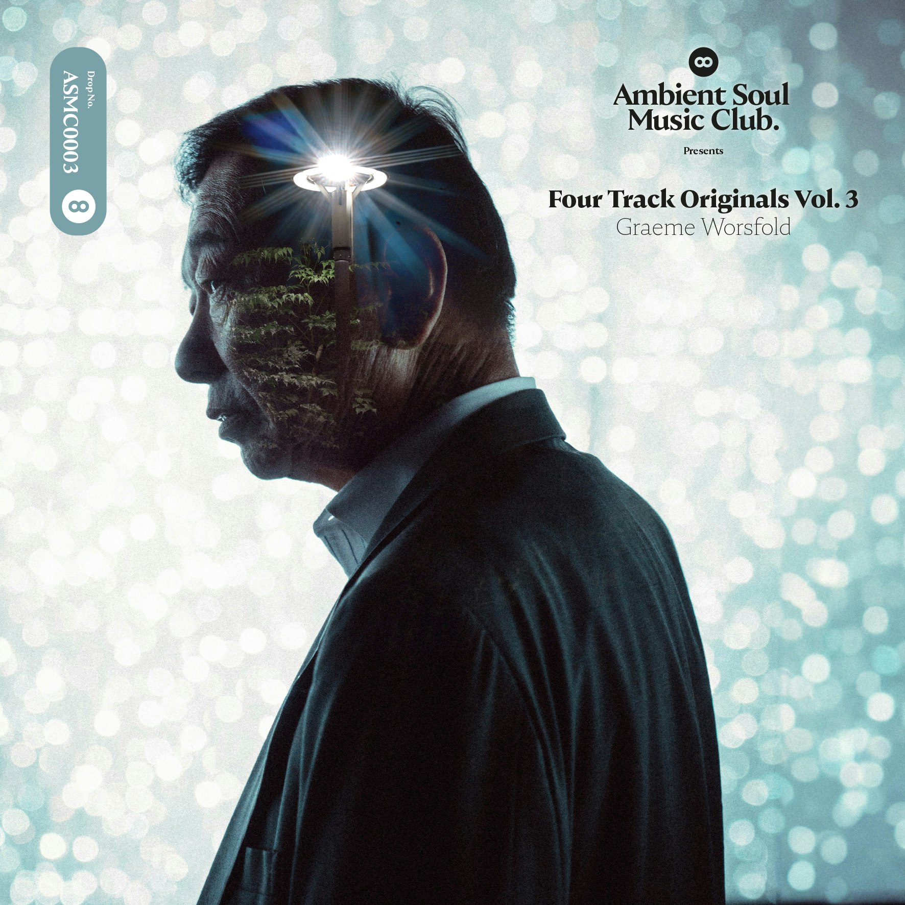 An Asian man looks into the distance with a mindful of ideas, lights and trees with the Ambient Soul Music Club title.