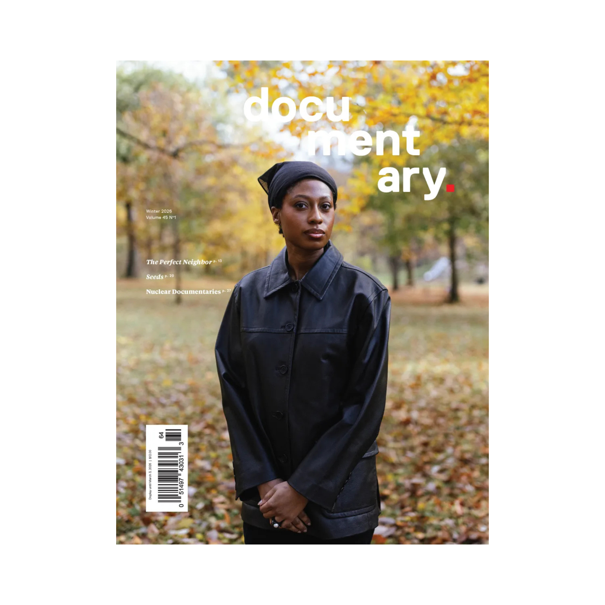 Cover of Documentary magazine's winter 2026 issue, showing a Black woman in a cool leather jacket, hands clasped, standing in a park with yellowing fall leaves.