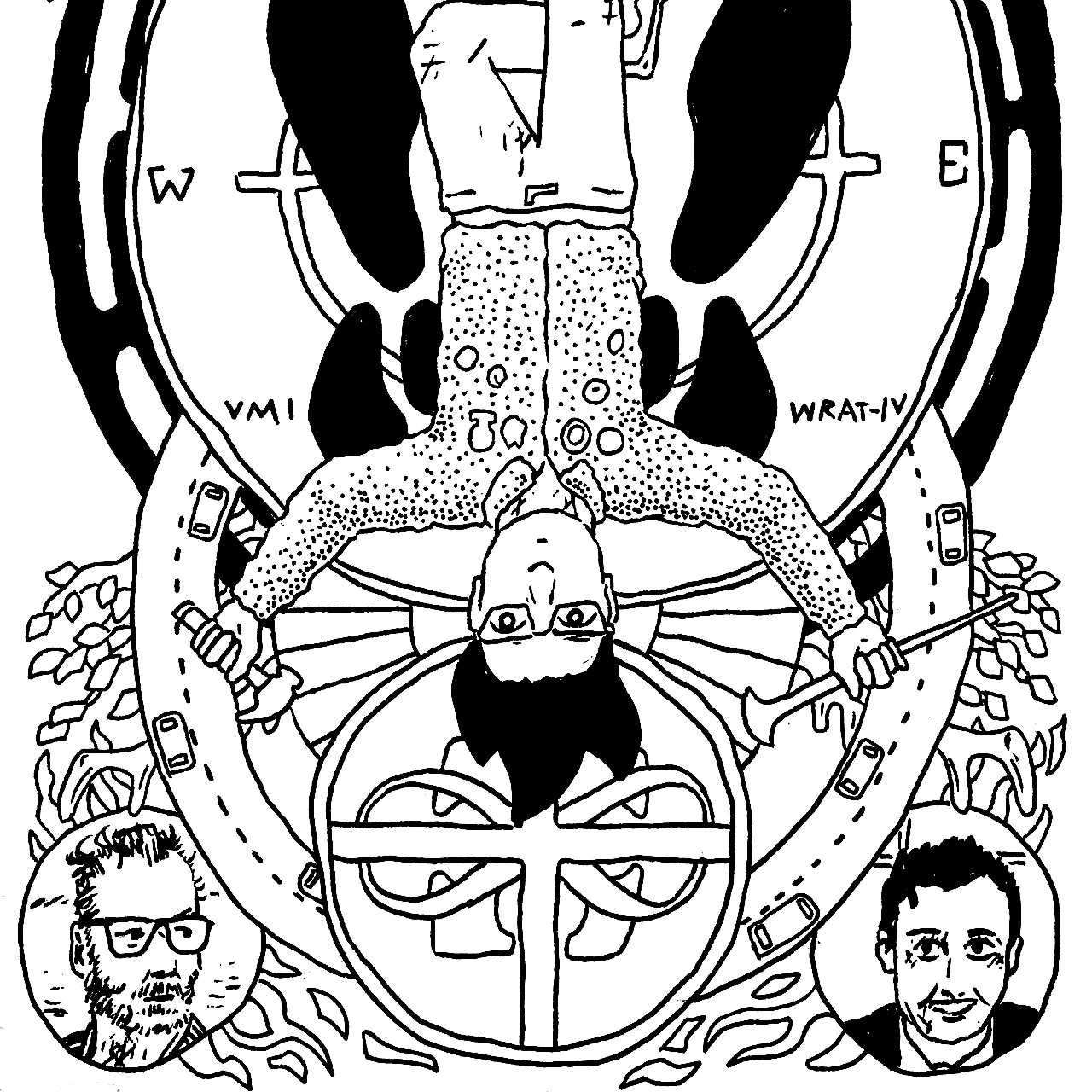 The cover for PSINK Volume One, showing ILL.SAN hanging upside-down with an icepick in one hand and a hammer in the other.