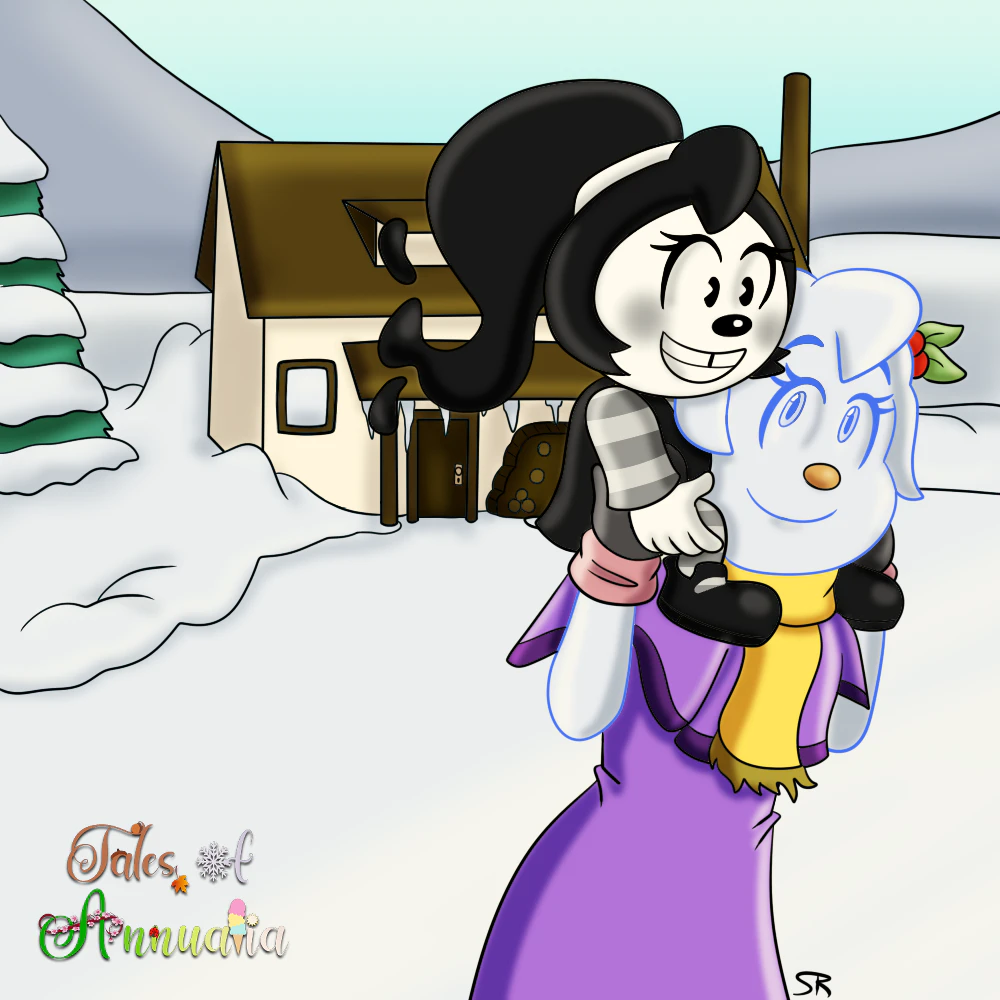 A color and shaded drawing of SnowBelle lifting Mimi over her shoulders, the two of them standing in front of a rustic cabin near a frozen lake.