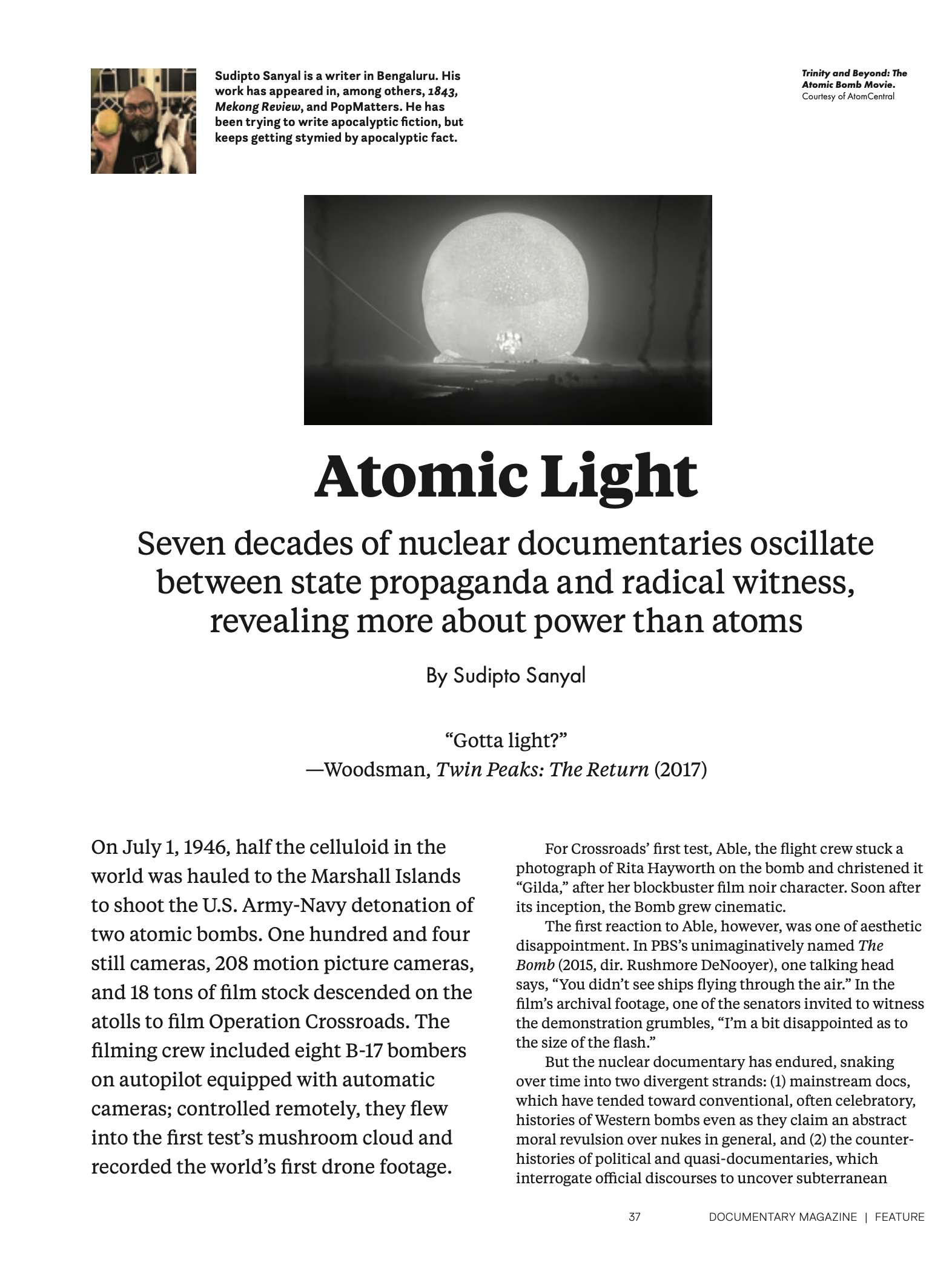 Excerpt from Sudipto Sanyal's survey of documentaries about the Bomb.