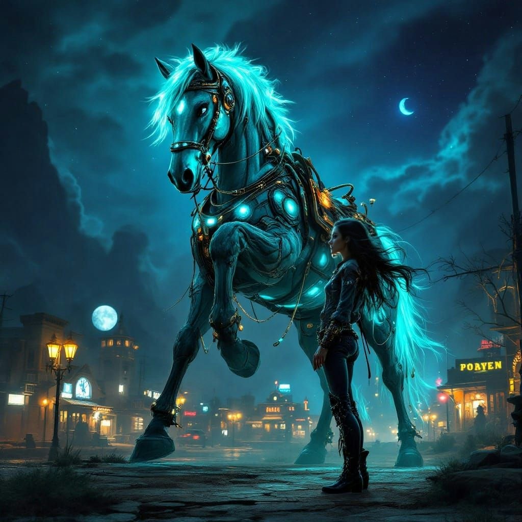 A large Cyberpunk style Wild horse with a woman standing beside it.