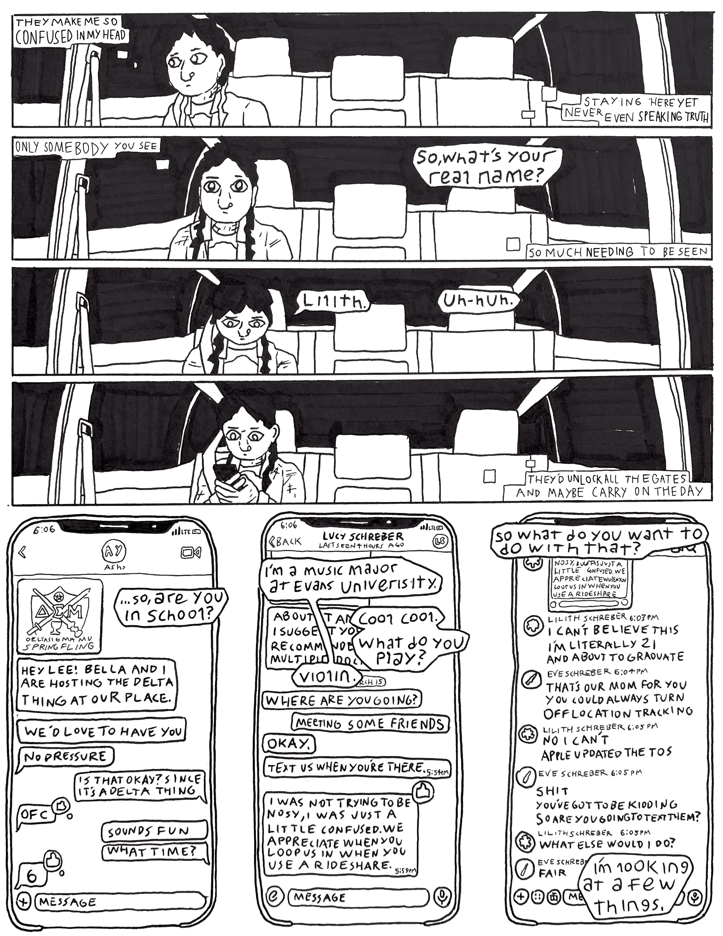 The first page, showing the protagonist in a car driven by a gig worker, checking her phone.