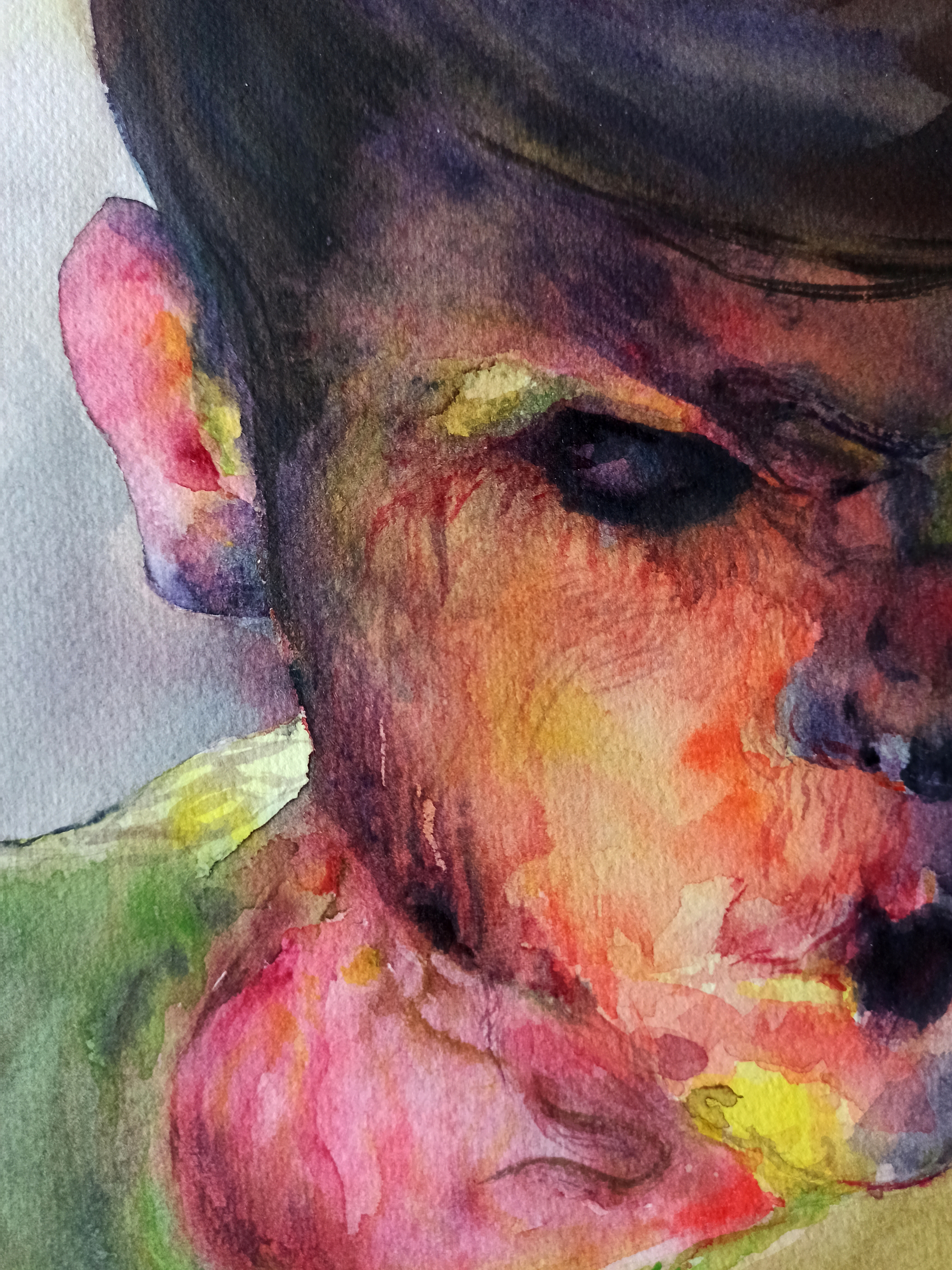 Detail : Figure with dark eyes, 2023, watercolor on Arches 300g/m² coton paper, 30x24cm