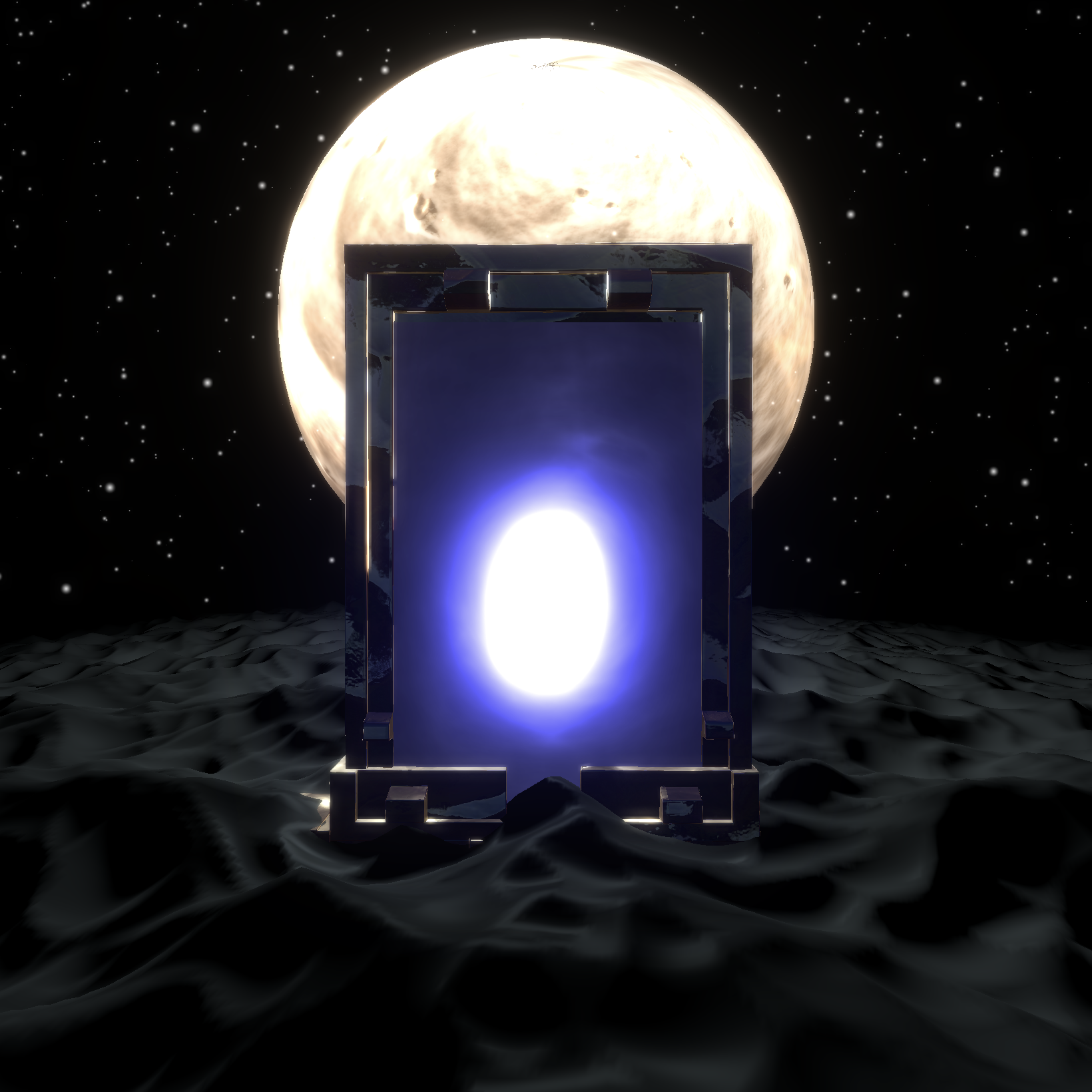 A black marble Portara with a purple glowing portal floating in dark, murky waters in front of a large full moon.