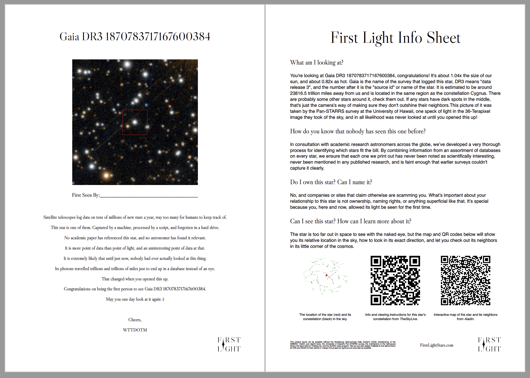 The Star Page and Info Page in a First Light envelope