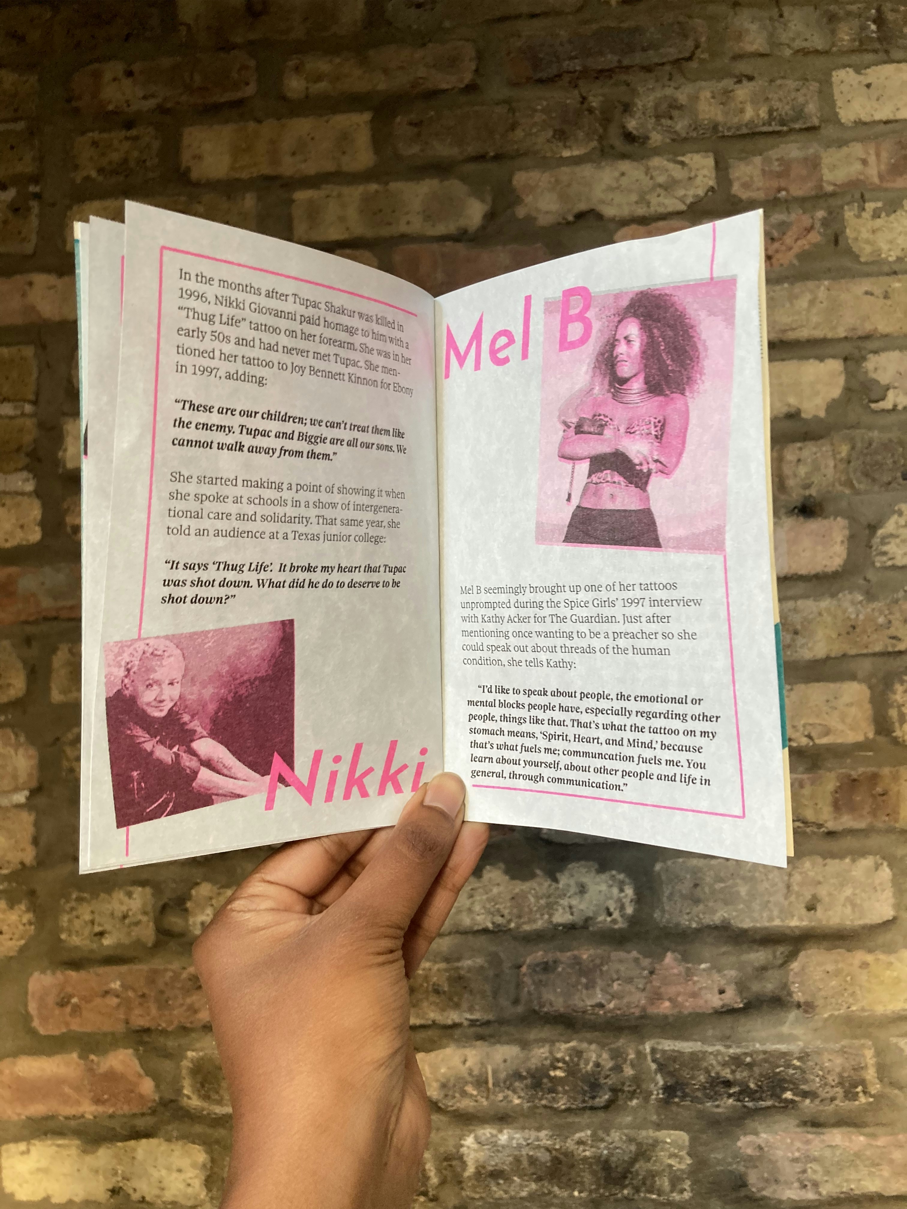 Two inner pages of Tatted featuring images of and quotes from Nikki Giovanni and Mel B.