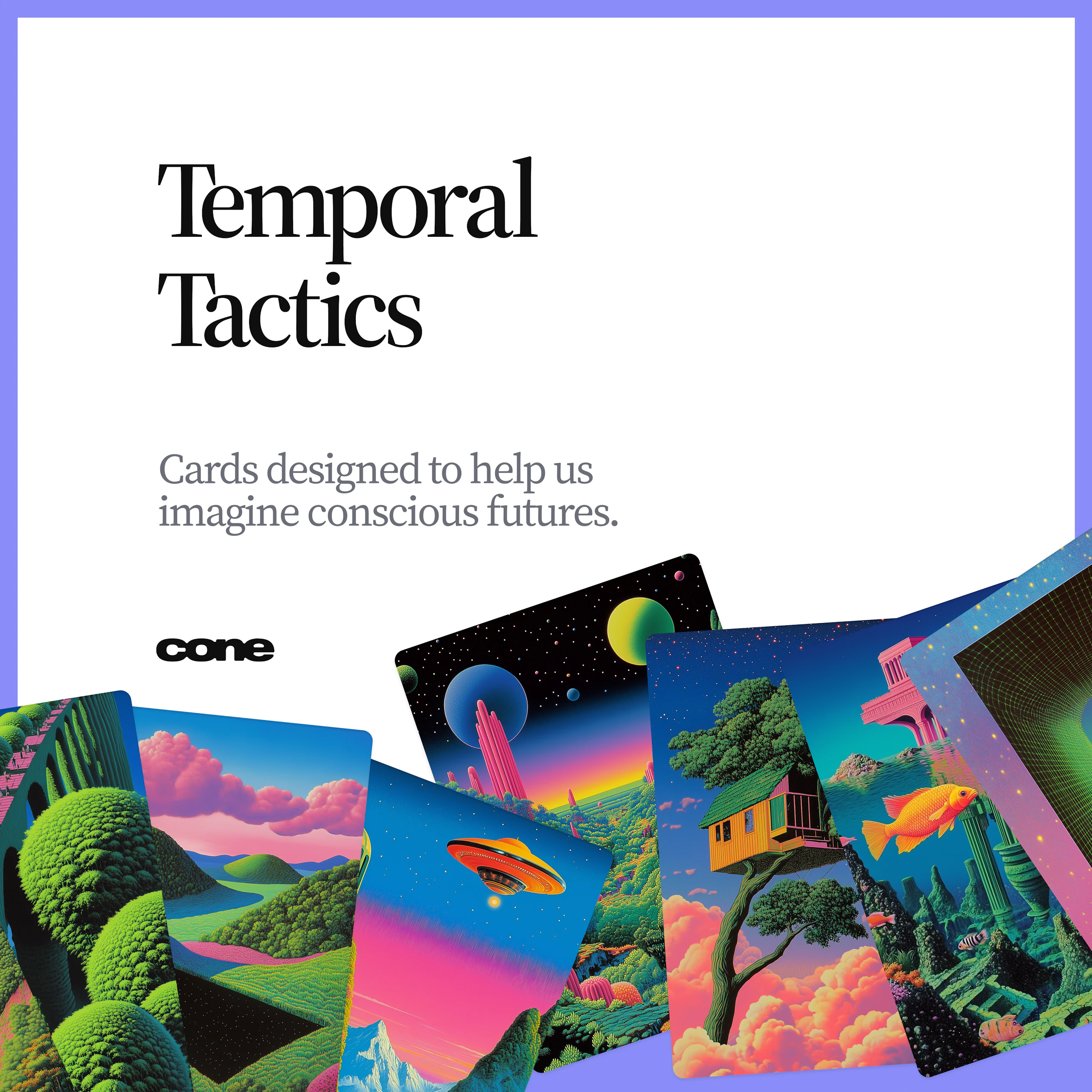 Colorful cards featuring imaginative landscapes and futuristic themes, with text about Temporal Tactics.