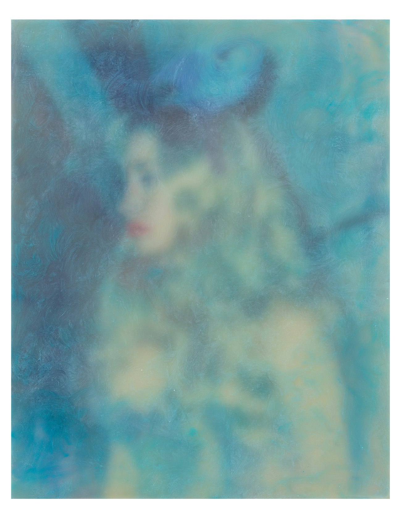 Almost Blue (2024), oil, ink and encaustic on cotton and wood, 14 x 17.5"