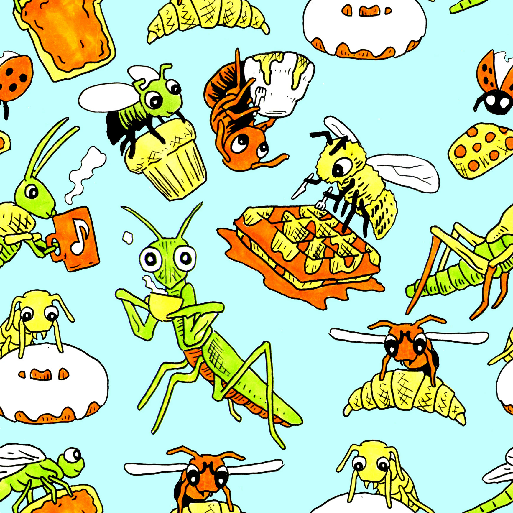 A pattern of various insects eating baked goods.