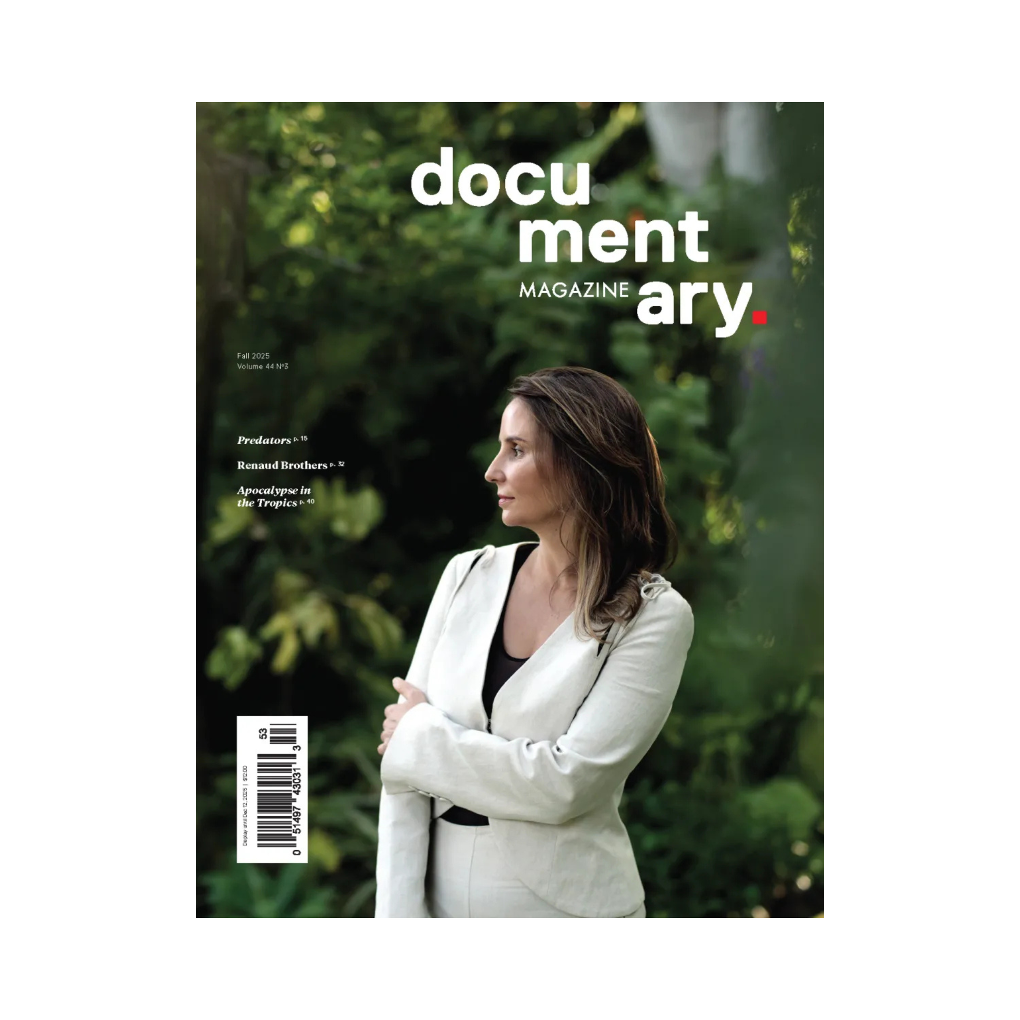 Cover of Documentary magazine's fall 2025 issue, showing a brown-haired woman wearing a white suit, standing confidently in a lush outdoor garden.