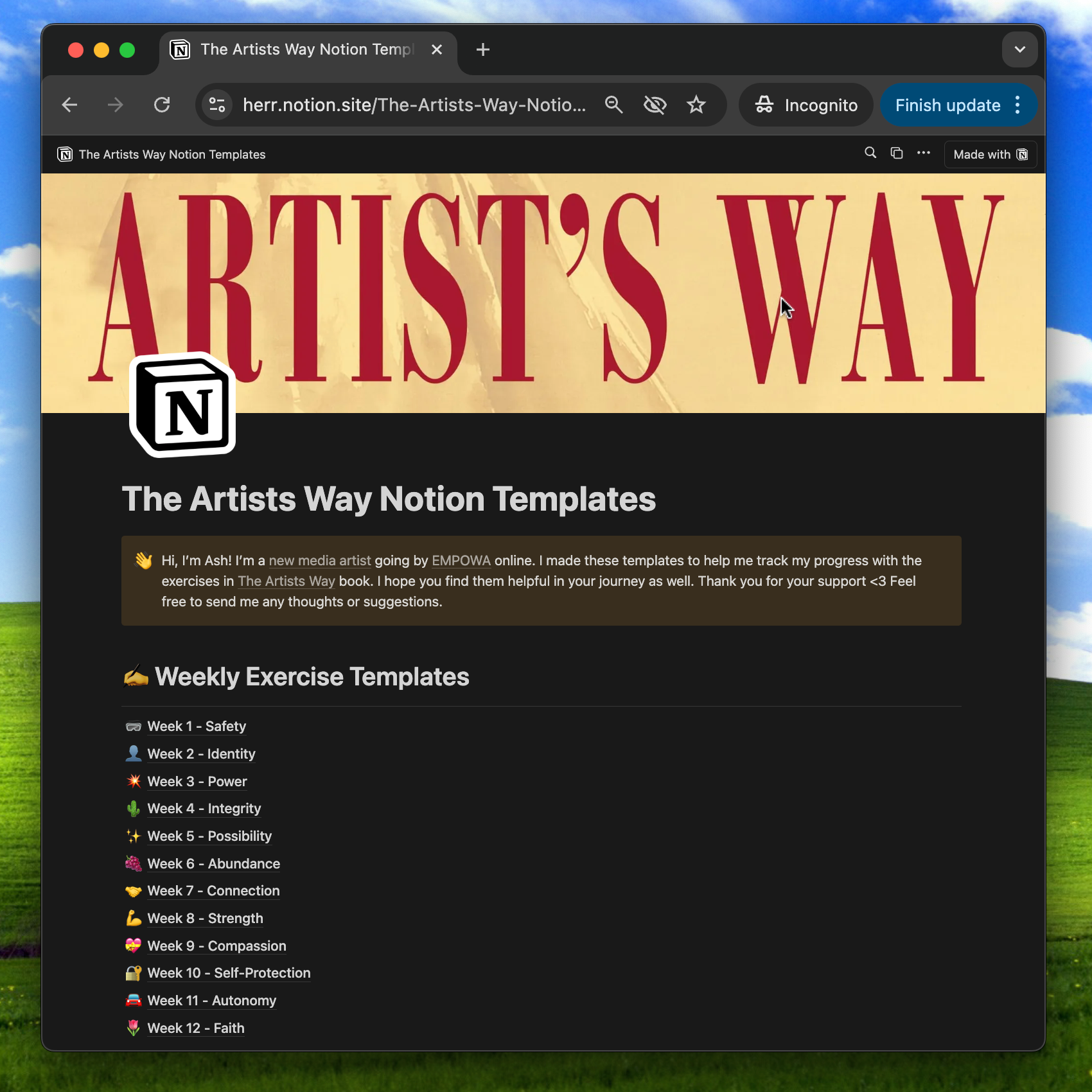 notion templates of all the exercises in the artists way book