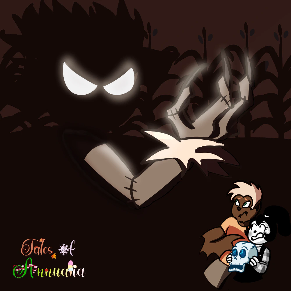 A color and shaded drawing of Hektor looming over the trio, who are scared and lost in the cornfield