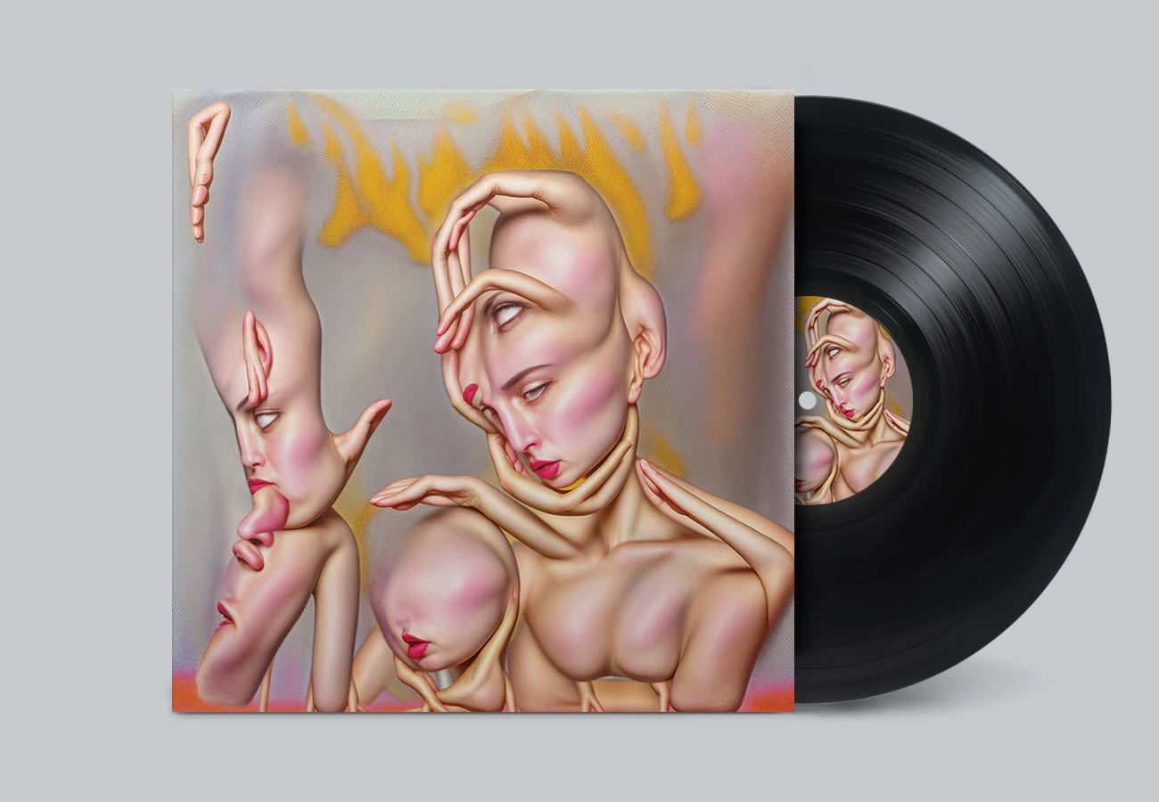 vinyl record in sleeve with surreal art of a body with many faces and fingers