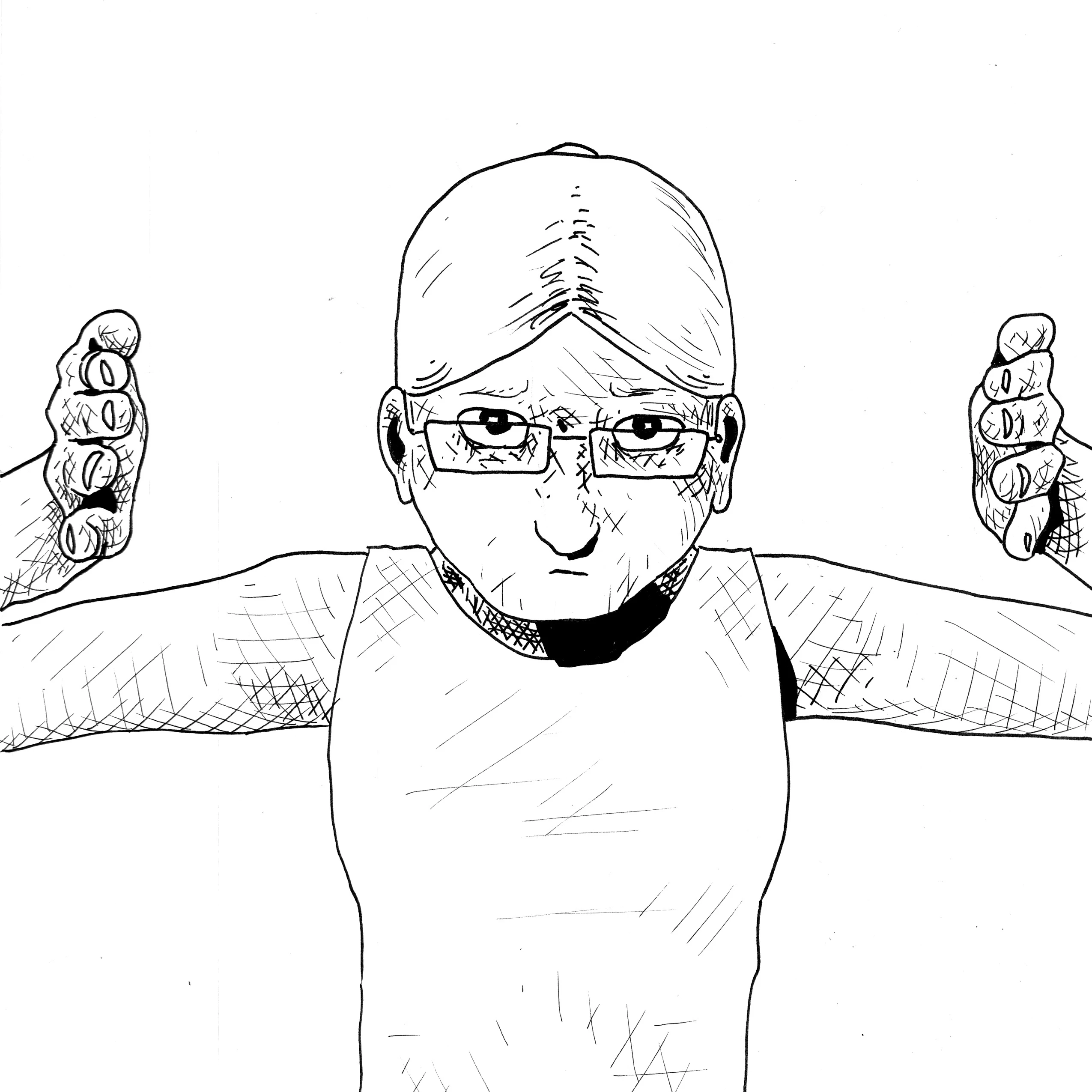 A woman in a tank top stares from under her eyelids at us, pressing her hands towards her face.