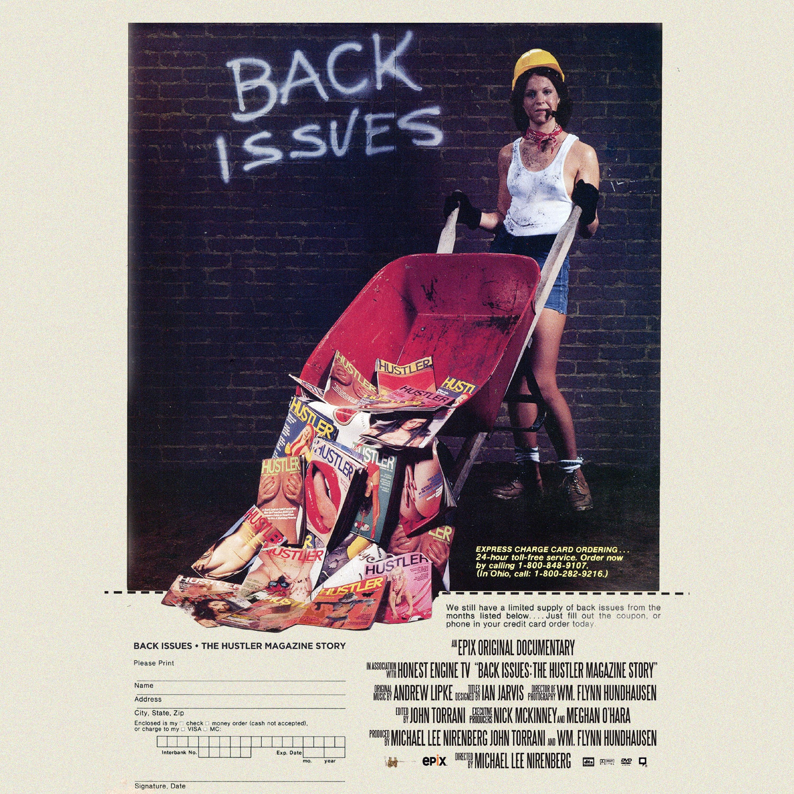 A woman dressed as a construction worker. The words "Back Issues" are spray painted on a brick wall behind her and she's dumping copies of a Hustler out of a wheelbarrow. It was an actual ad from Hustler Magazine to order back issues of the magazine.