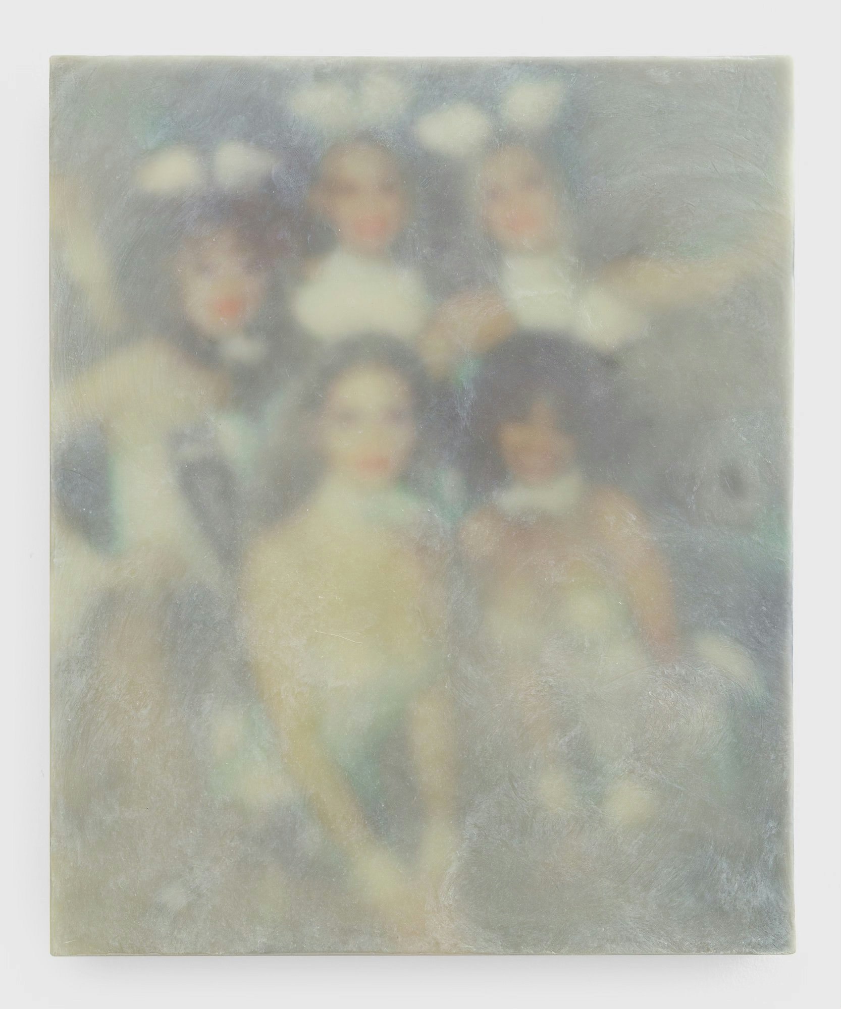 Les Demoiselles d’Avignon (Bunny Edition) (2023), oil, ink, and encaustic on silk and wood, 14.5" x 12"