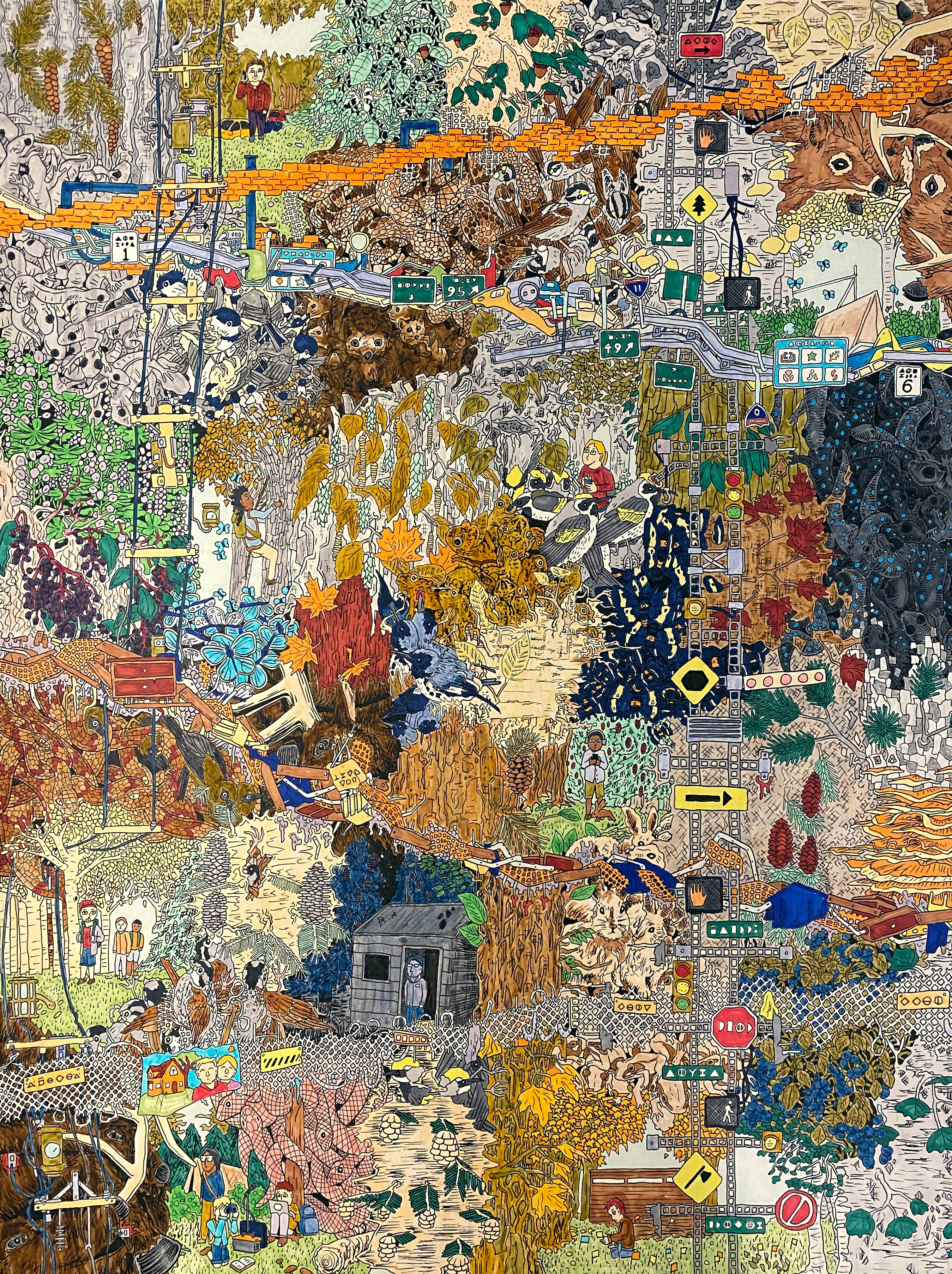 A collage of different animals and plants, with areas where people walk through forests and cutting lines of industry.