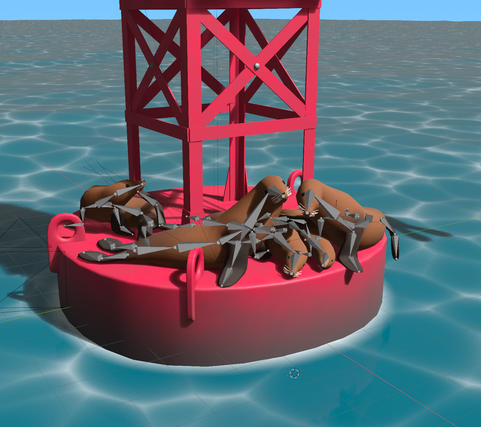 Posed sea lion rigs, with armatures displayed